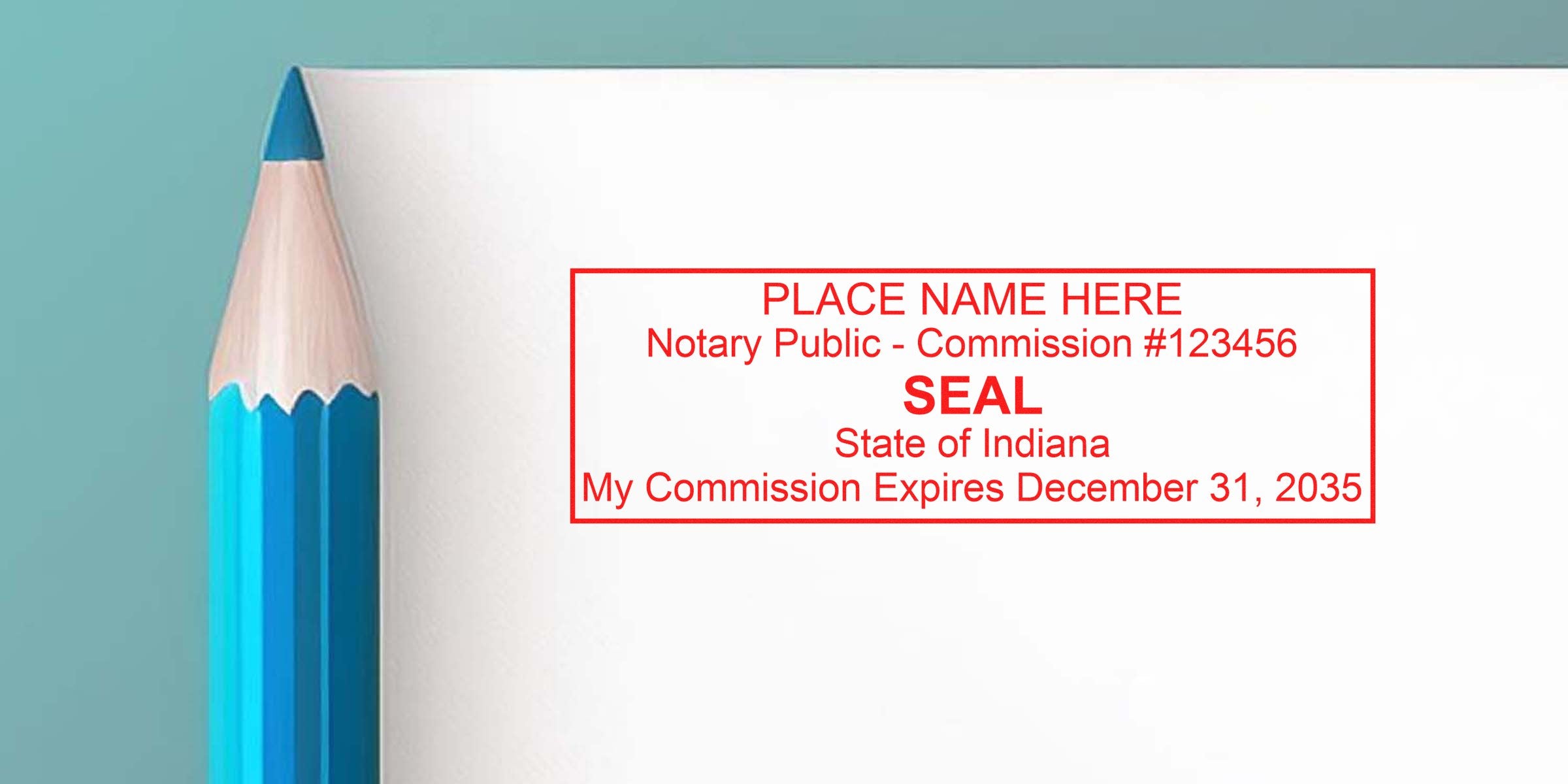 Indiana notary public seal stamp with commission expiration date, blue pencil on white paper—key items in an Indiana notary kit for new notaries.