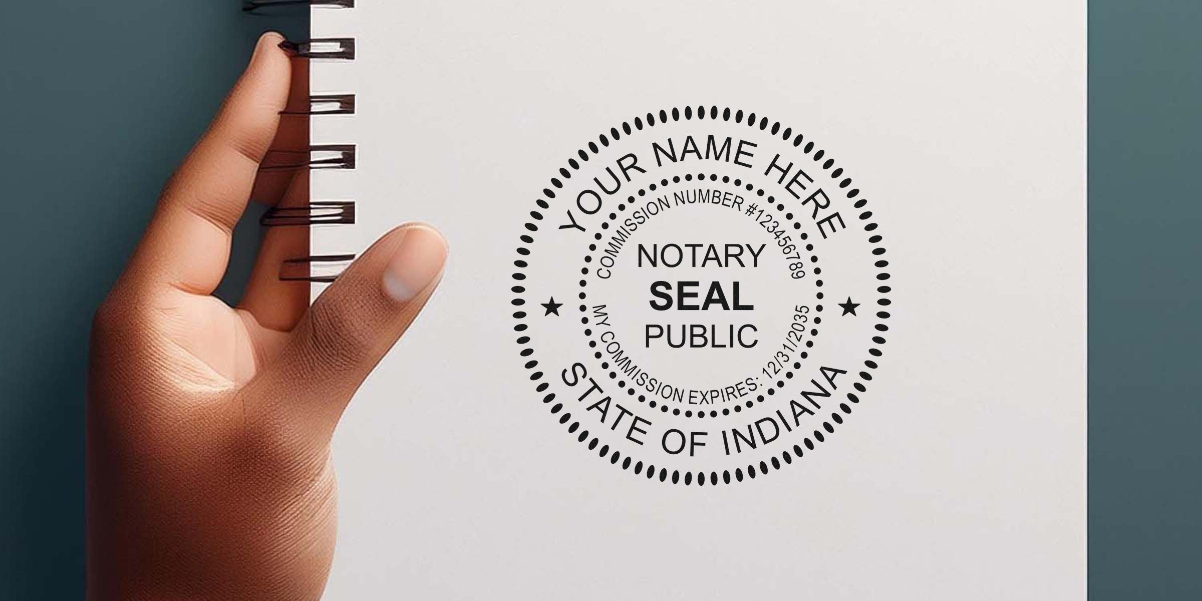 Indiana notary stamp on white notebook held by hand, official Indiana notary public seal, sample notary stamp for legal documents.