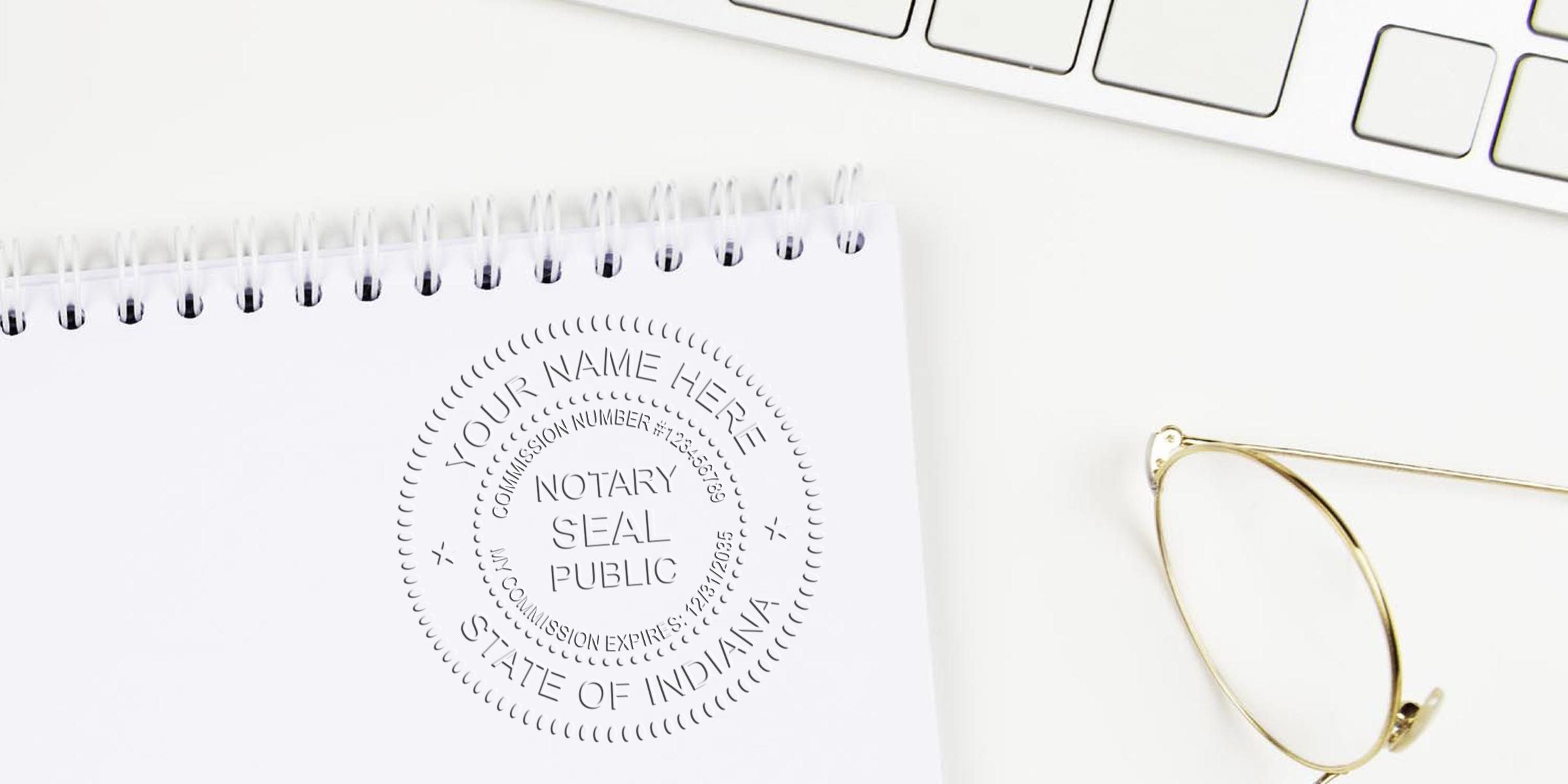 Reliable Indiana notary seal on white spiral notebook with gold frame glasses and keyboard, emphasizing the importance of trusted notary services in Indiana.