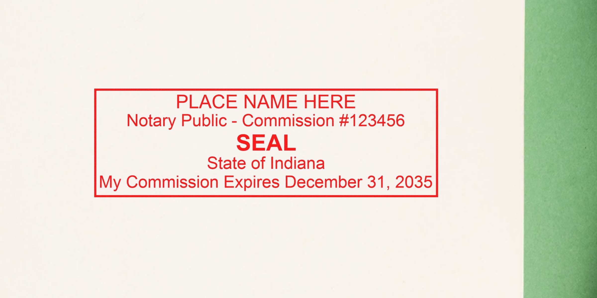 Indiana notary public commission seal stamp, expires Dec 31, 2035, with standard Indiana notary seal dimensions and size per Indiana specifications.