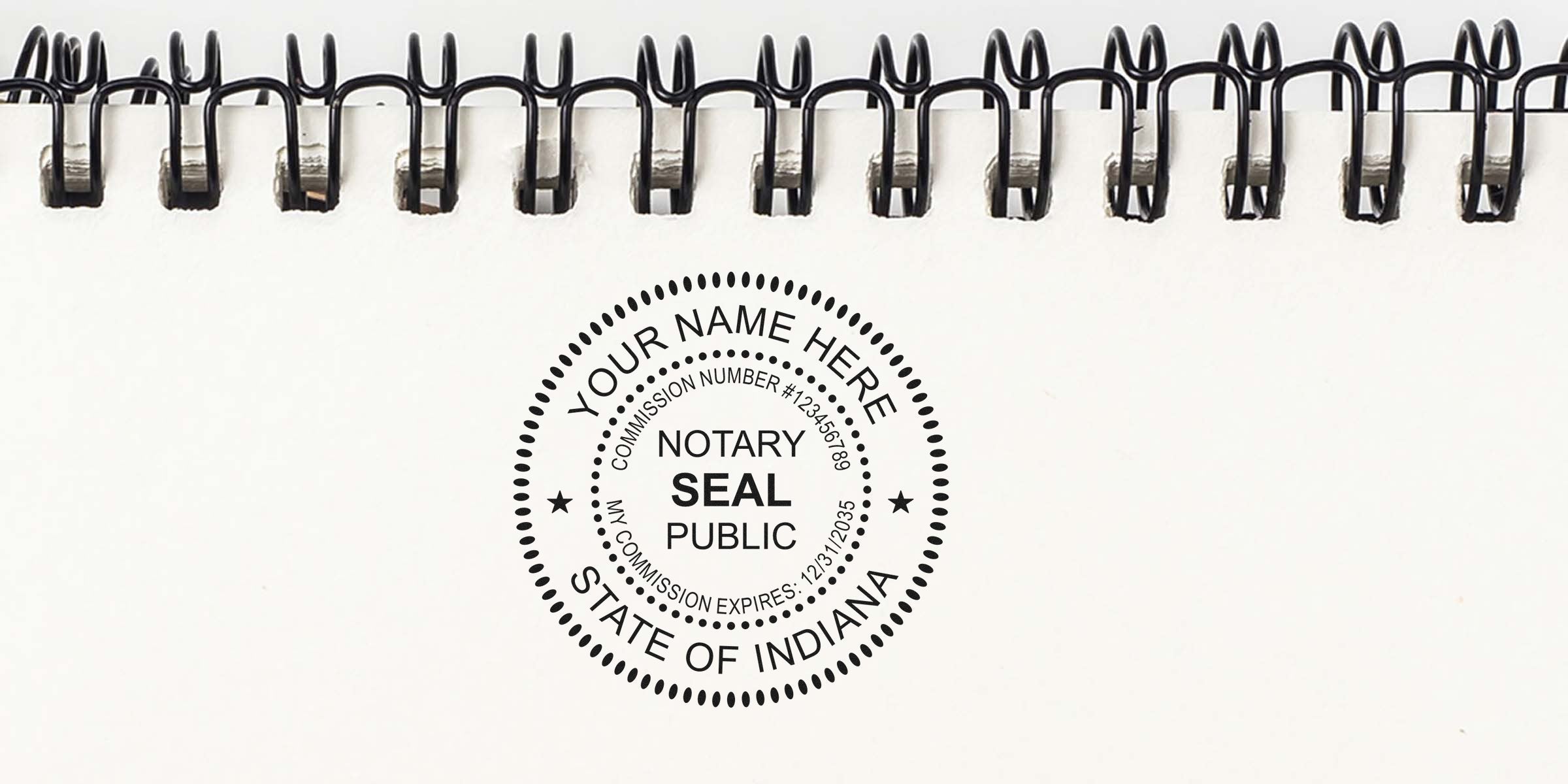 Indiana notary seal stamp on white spiral-bound paper, showing the official notary public commission design, perfect for Indiana notary verification and online notary services.