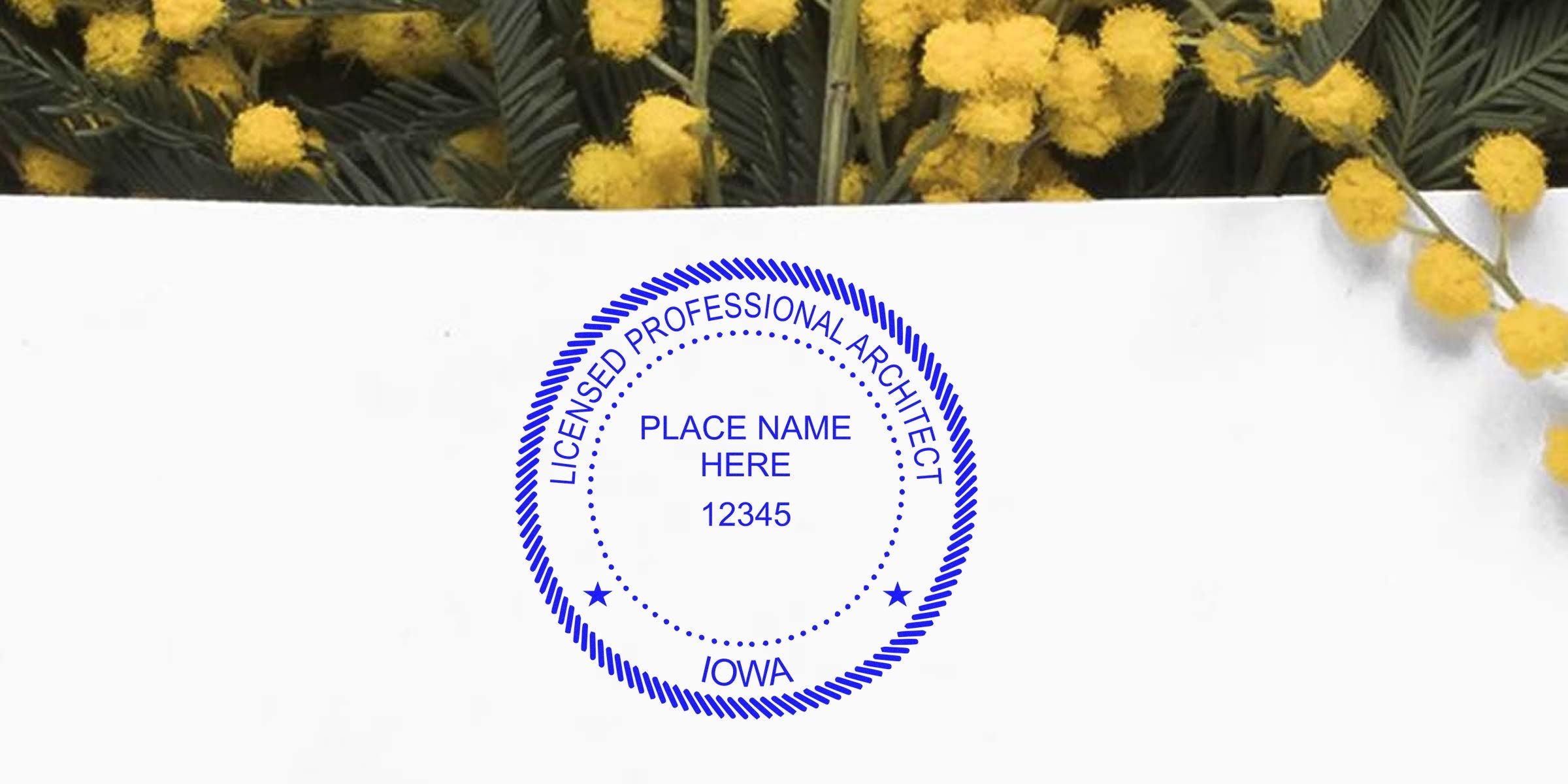 Licensed architect stamp Iowa with yellow flowers background, featuring official Iowa architect seal and following all seal guidelines.