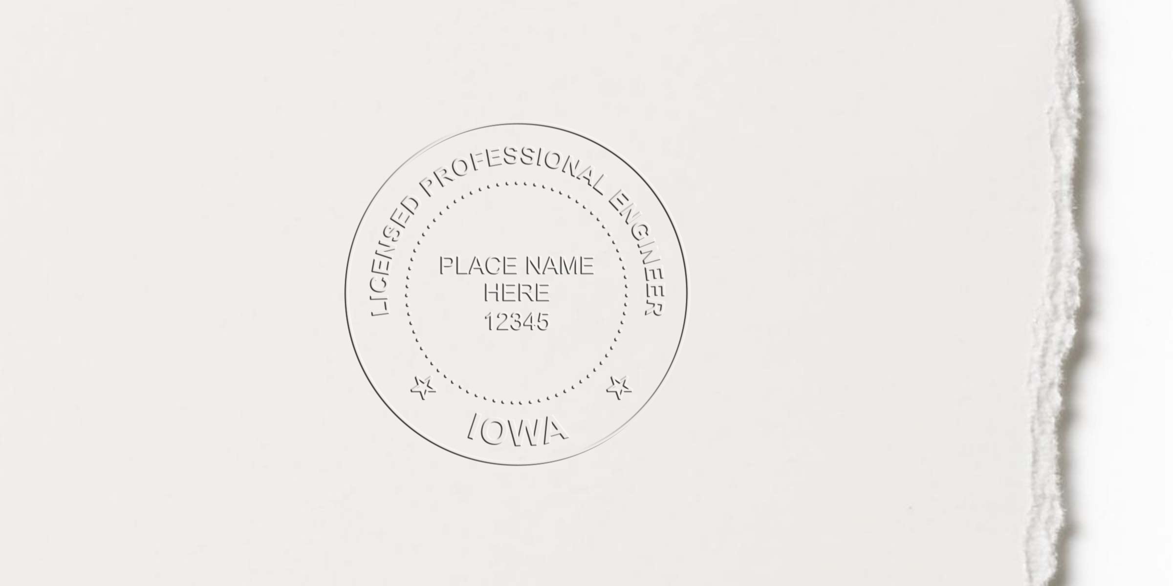 Iowa engineer stamp embossed on white paper with torn edge, featuring Iowa licensed professional engineer seal to prevent fraud.