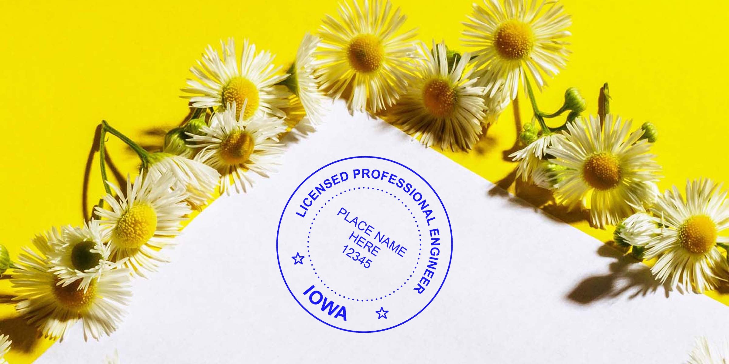Licensed Iowa engineer stamp on white paper with daisies on yellow background, showcasing the stamp for online purchase.