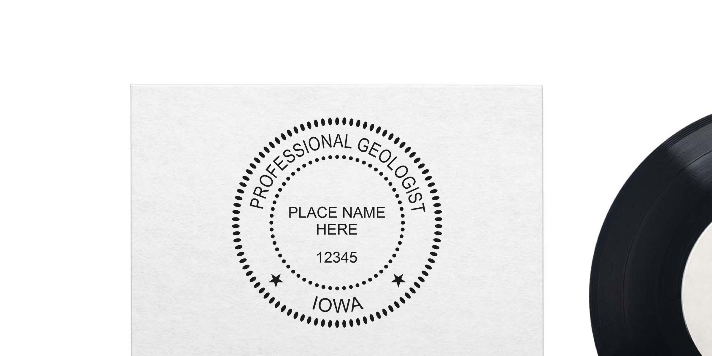 Professional Iowa Geologist Stamp on white paper with place name; includes tips for Geologist Stamp application.