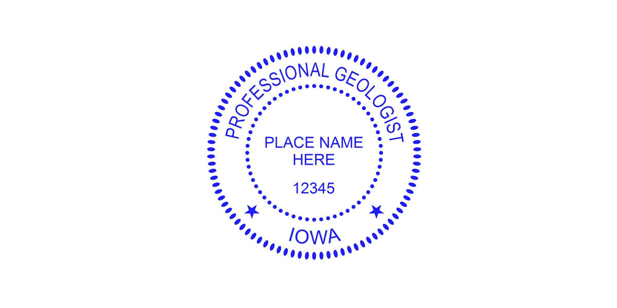 Professional Iowa geologist seal stamp with customizable place name and license number, designed to meet Iowa geologist stamp size and specifications.