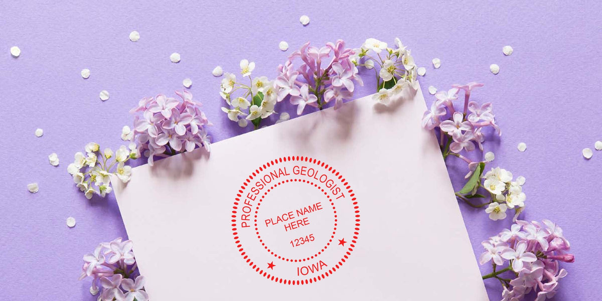 Iowa geologist stamp on white paper with lilac flowers and purple background, showing professional geologist stamp criteria.