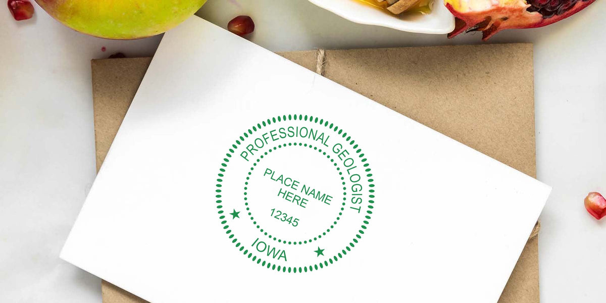 Iowa Geologist Stamp seal on white envelope with natural background, showcasing certification and online order tips.