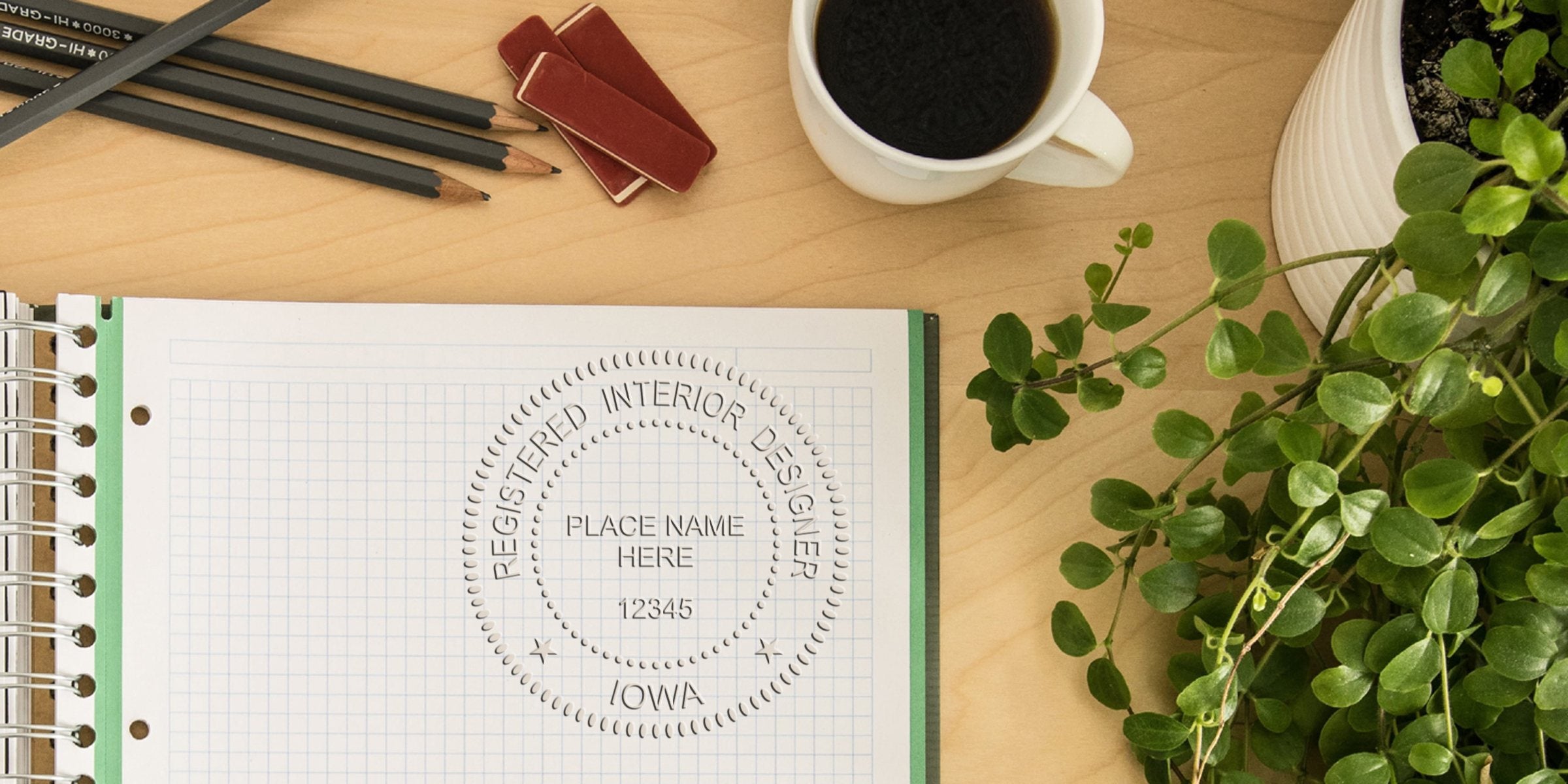 Notepad with registered interior designer stamp, pencils, coffee cup, and green plant on wooden desk, showing Iowa interior designer rules and seal requirements for certification.