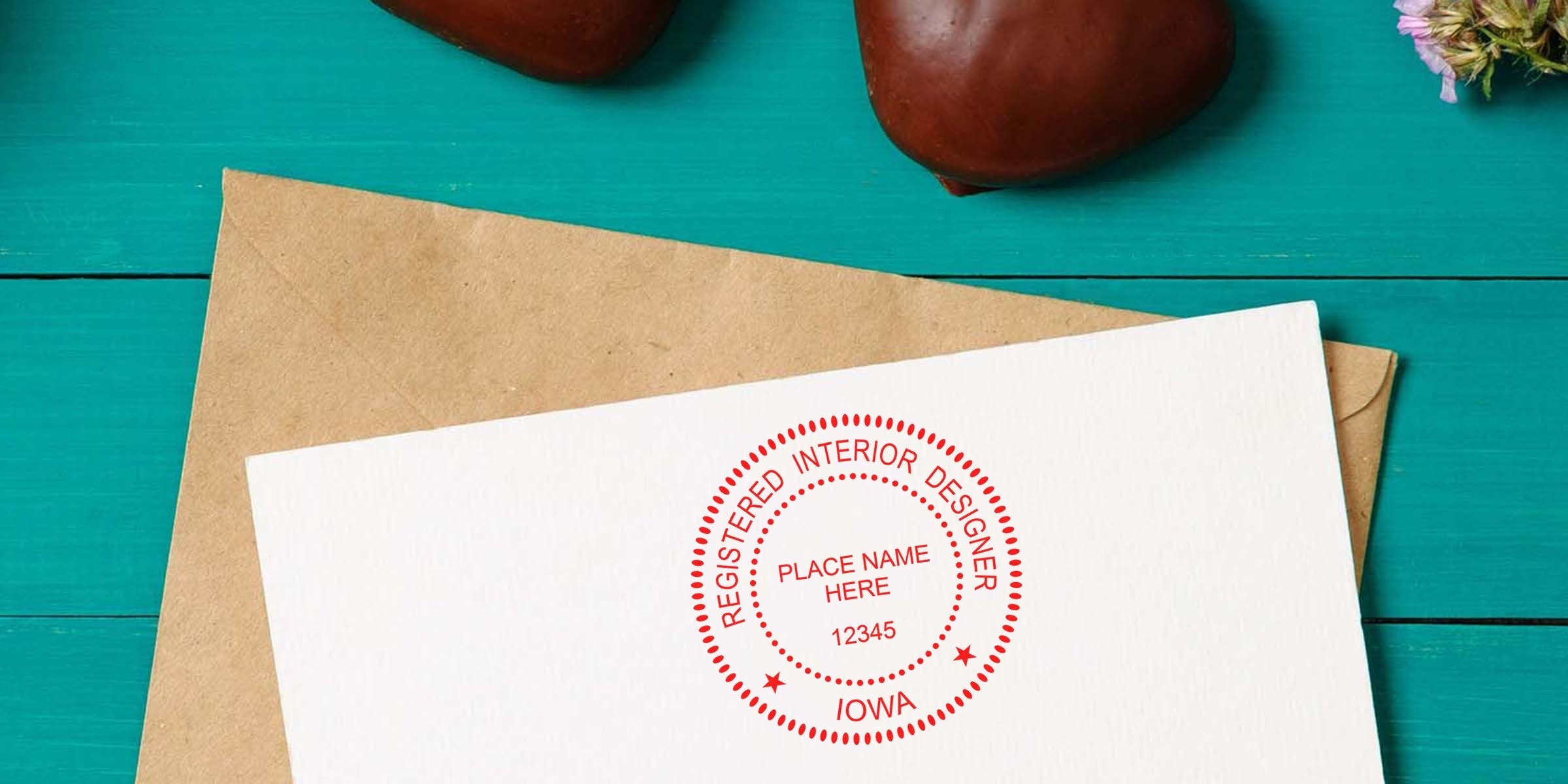 Envelope with registered interior designer stamp, showing Iowa interior designer license and meeting stamp requirements with professional seal.