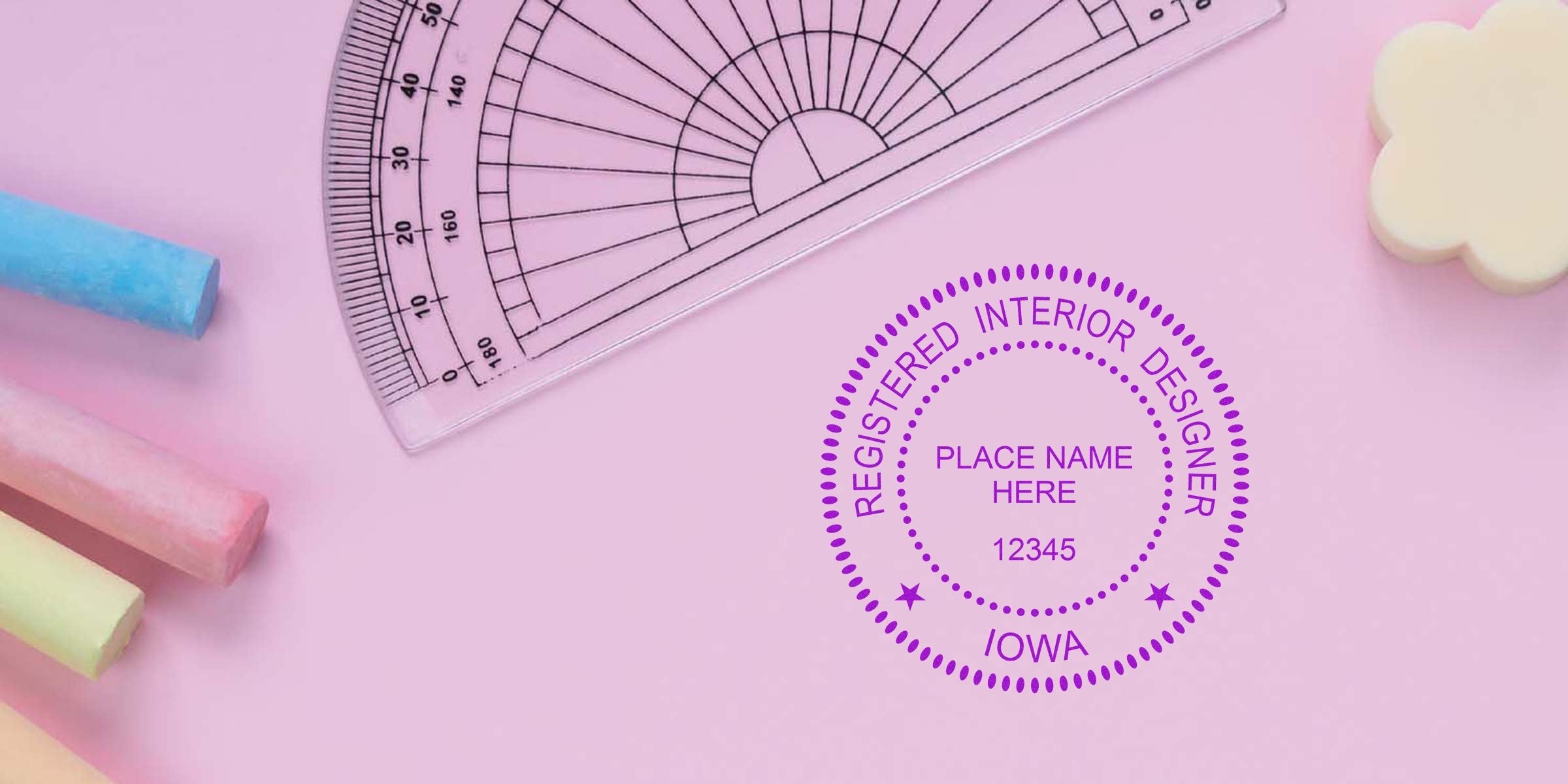 Iowa interior designer seal on pink background with pastel chalks and protractor, symbolizing design standards and certification.
