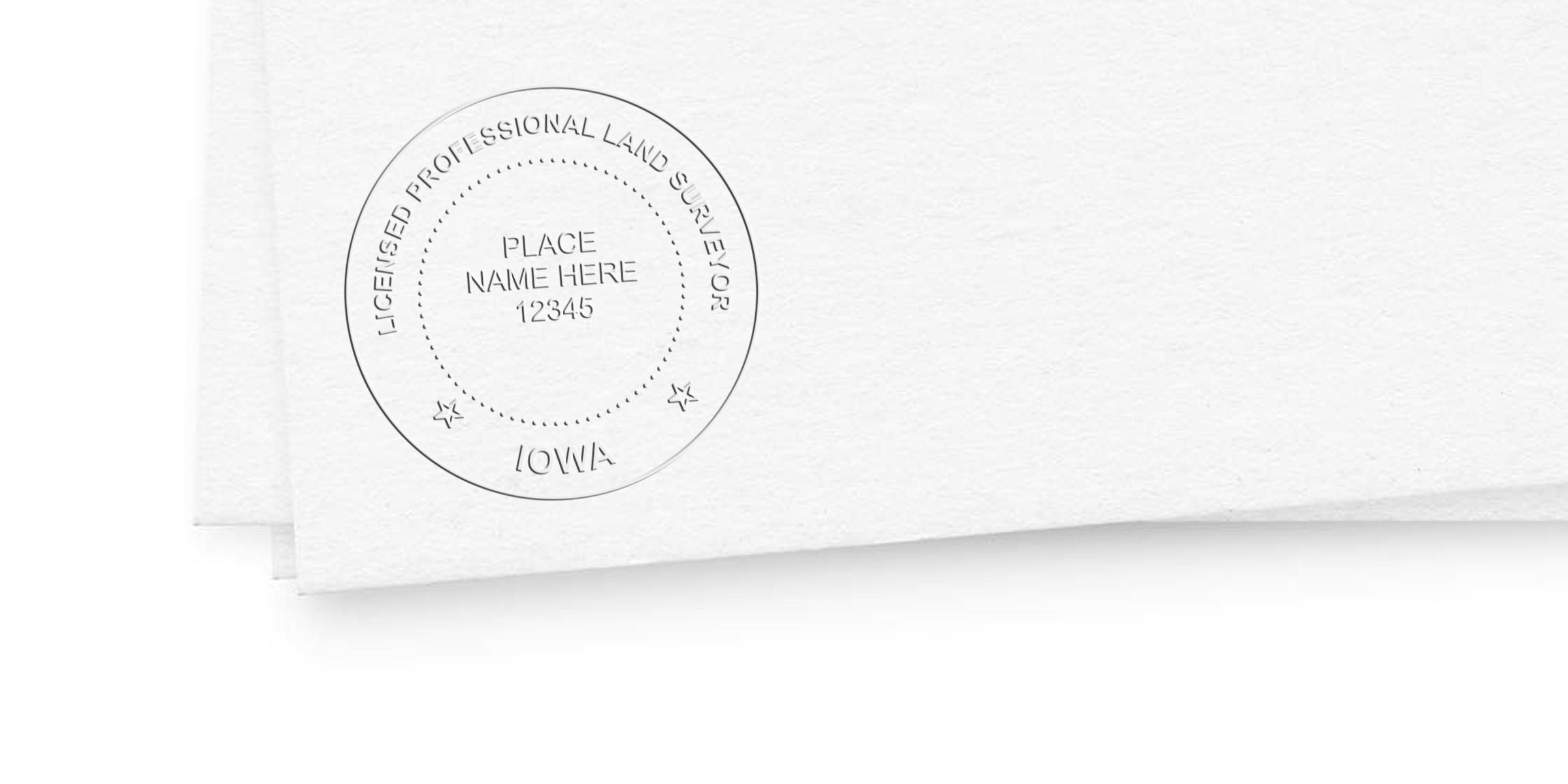 Licensed land surveyor stamp on white paper with Iowa surveyor seals and certification for official surveying documents.