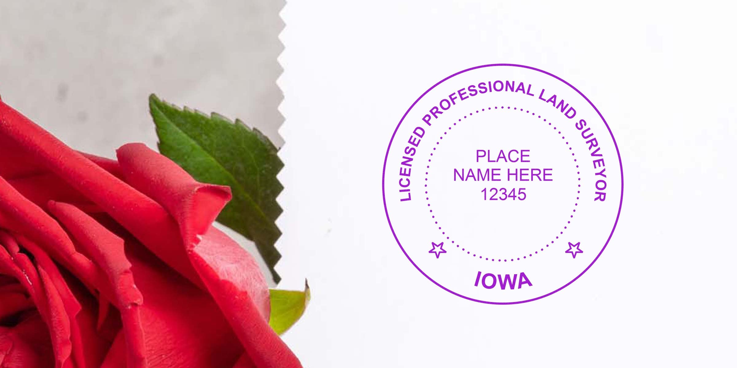 Licensed Iowa land surveyor stamp with red rose and green leaf on white, featuring Iowa land surveyor stamp cost and fees.