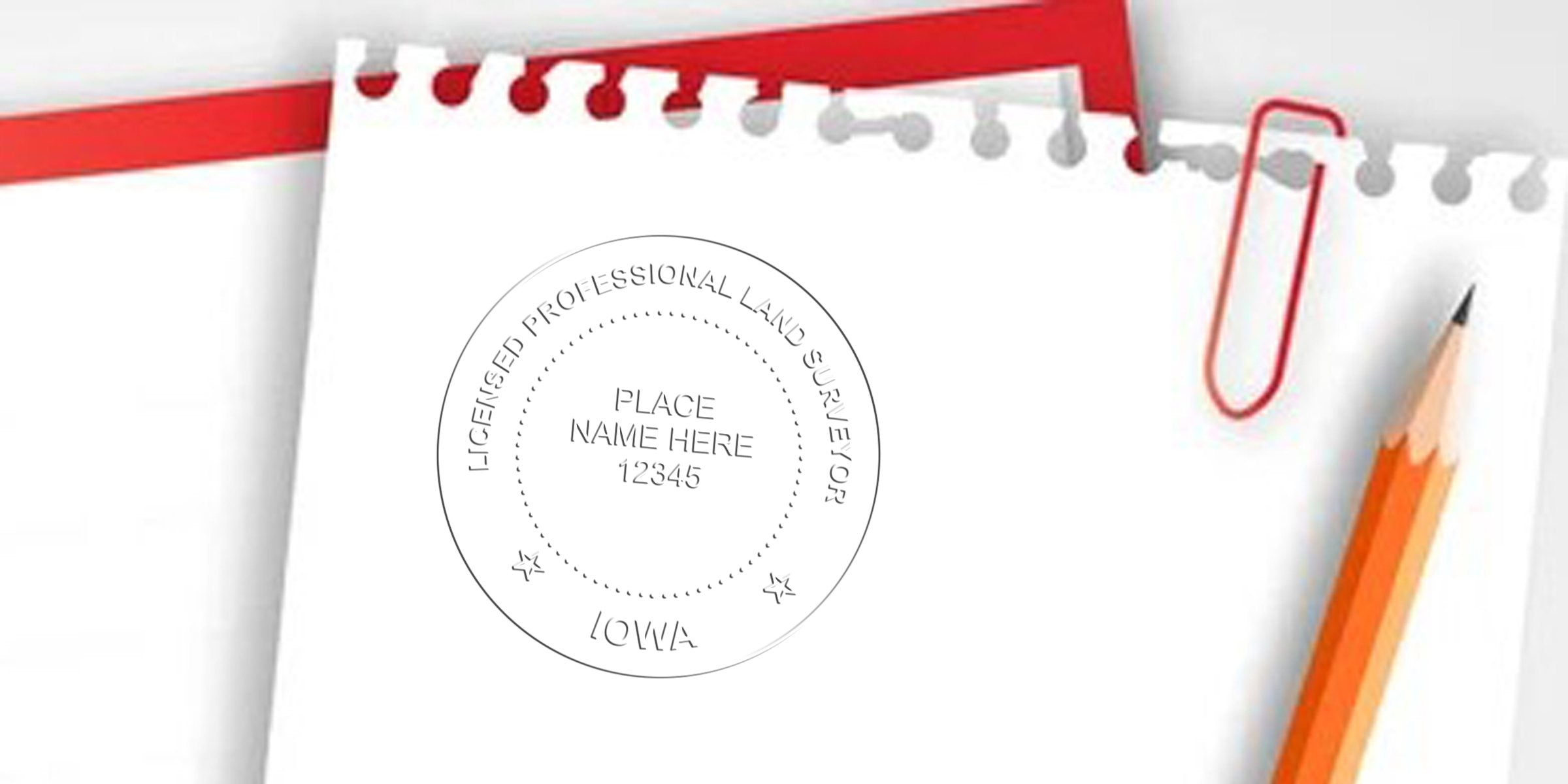 Iowa land surveyor stamp on white paper with pencil and red paperclip, showing licensed professional seal and Iowa land survey certification, representing Iowa land surveyor regulations.
