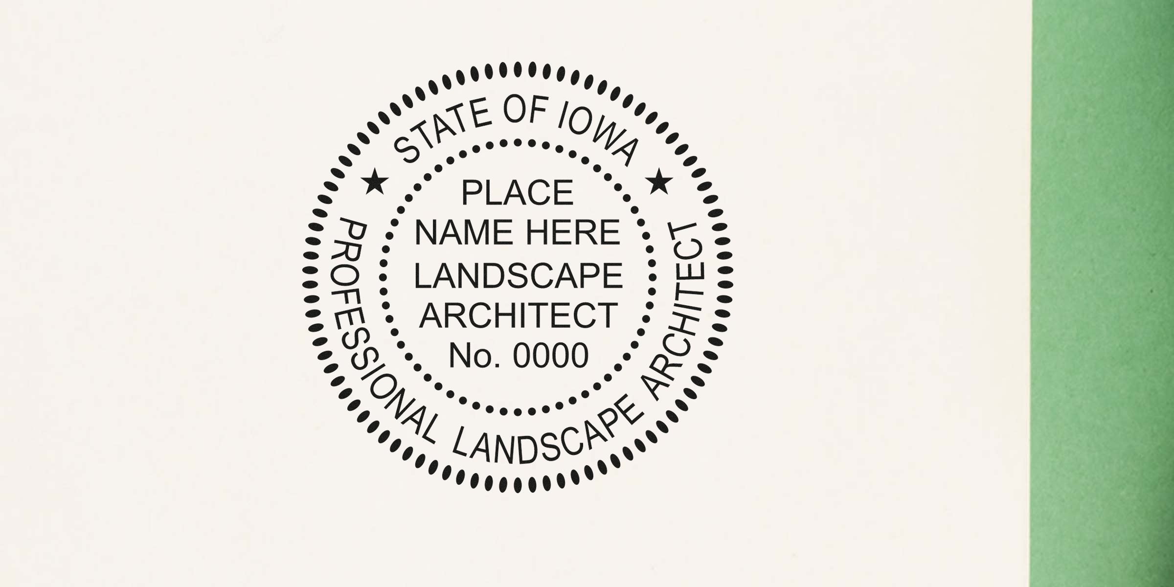 Iowa landscape architect license seal with placeholder text and number on white and green background, symbolizing professional landscape design in Iowa.