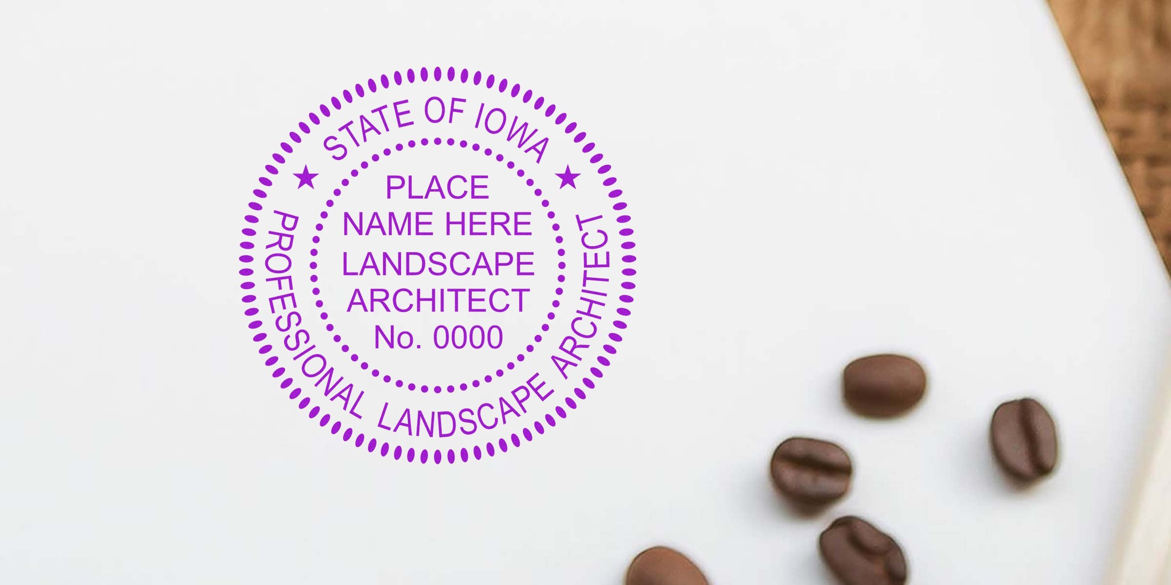 Iowa landscape architect seal with coffee beans on white background, emphasizing the stamp size importance for Iowa landscape architects.