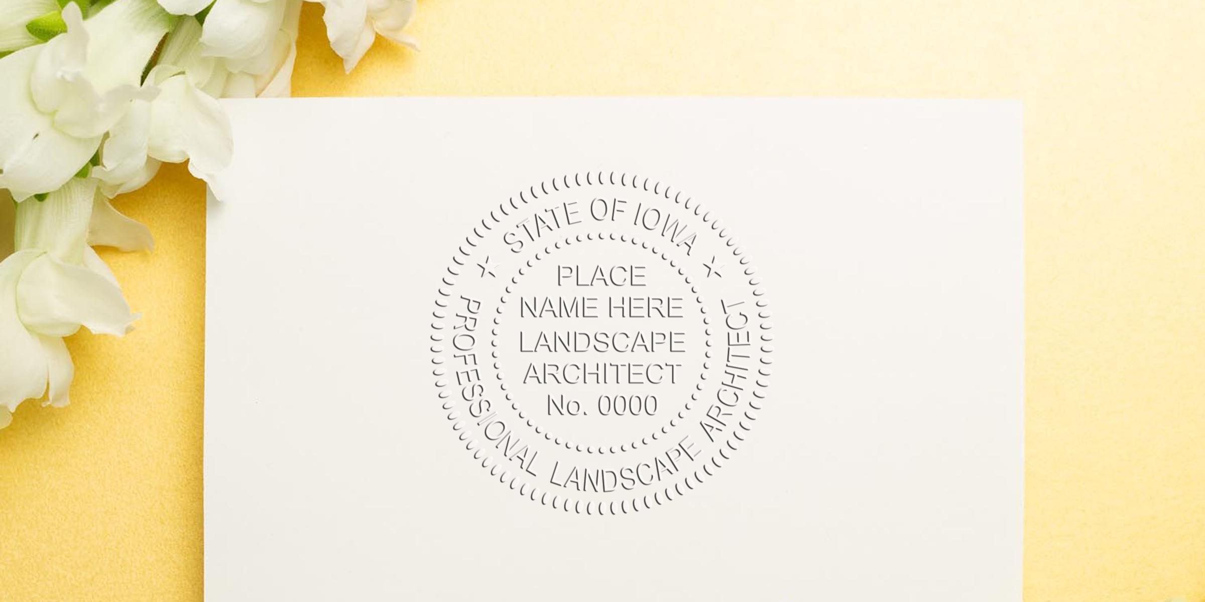Iowa Landscape Architect Seal embossed on white paper with white flowers and yellow background, symbolizing the seal and online application process.