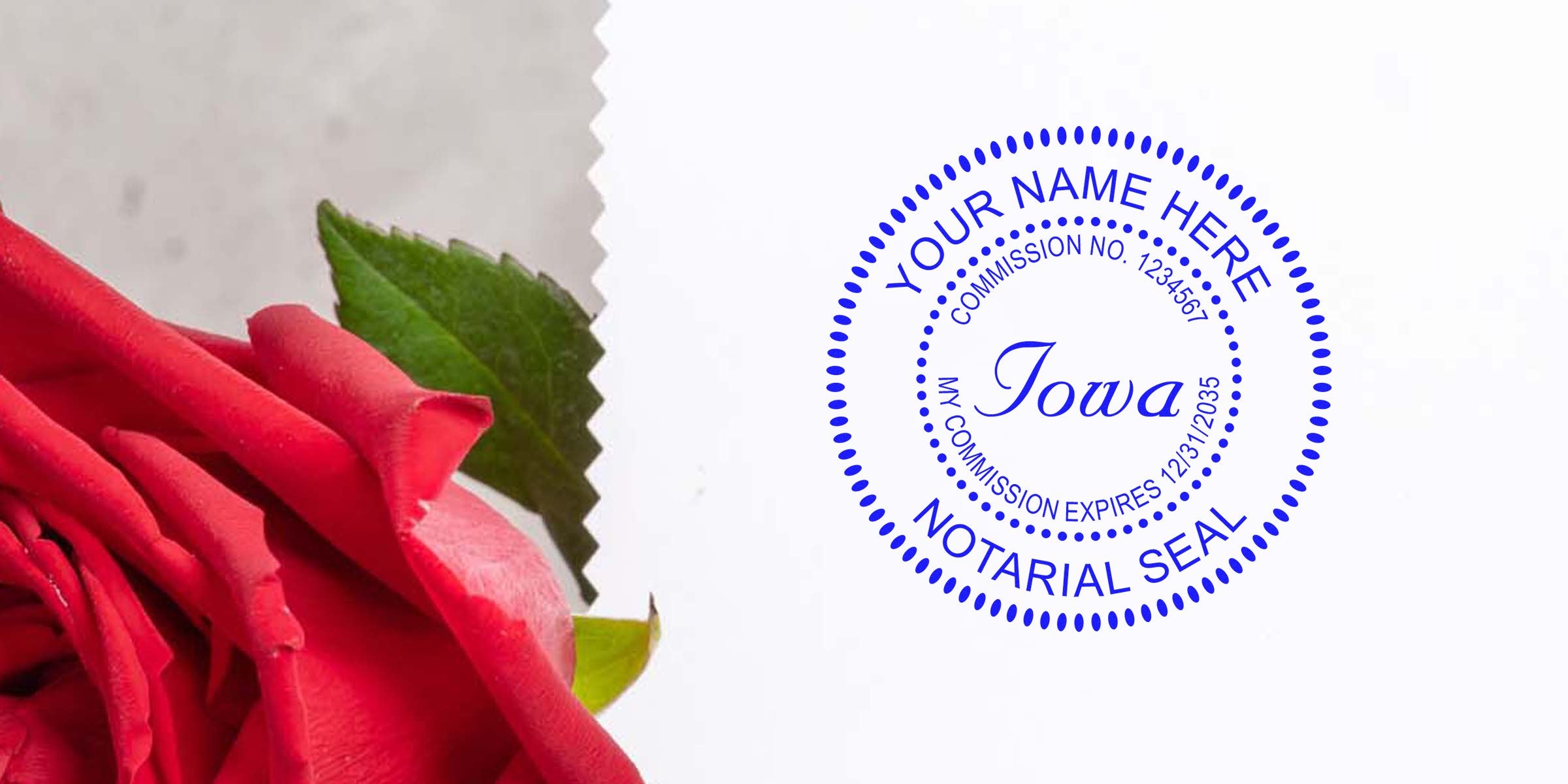 Iowa notarial seal stamp with a red rose on white, symbolizing Iowa notary duties and correct use of notary supplies.