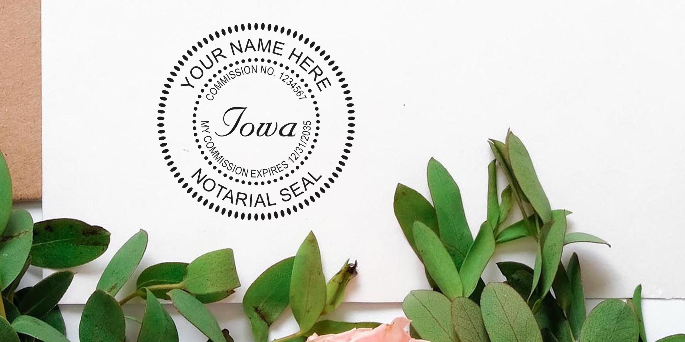 Iowa notary seal stamp on white envelope with green leaves and pink flower, part of Iowa notary kit for official document authentication.