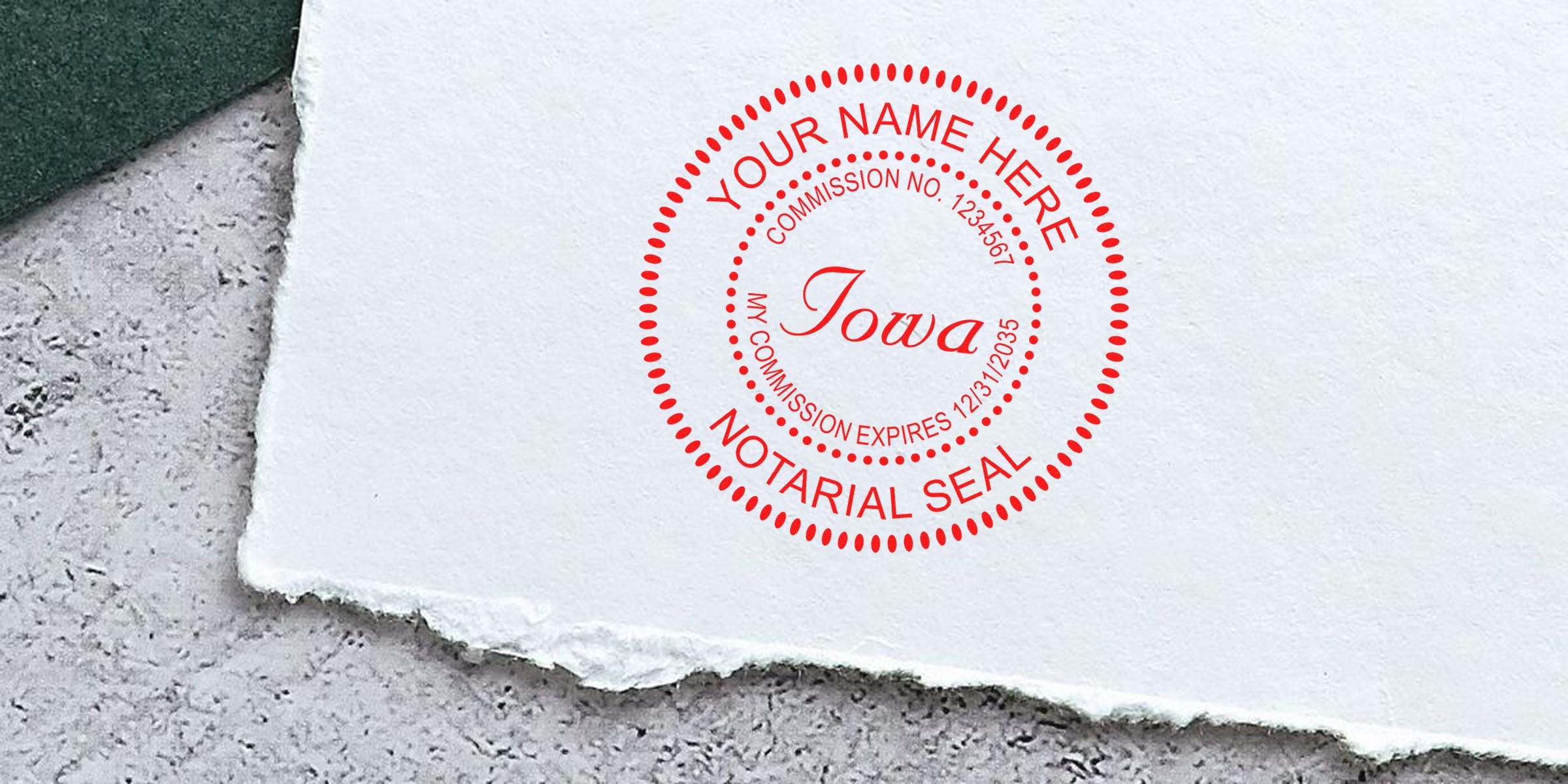 Iowa notary seal stamp on white paper, a vital tool from IA notary supplies for official notarization and legal documents.