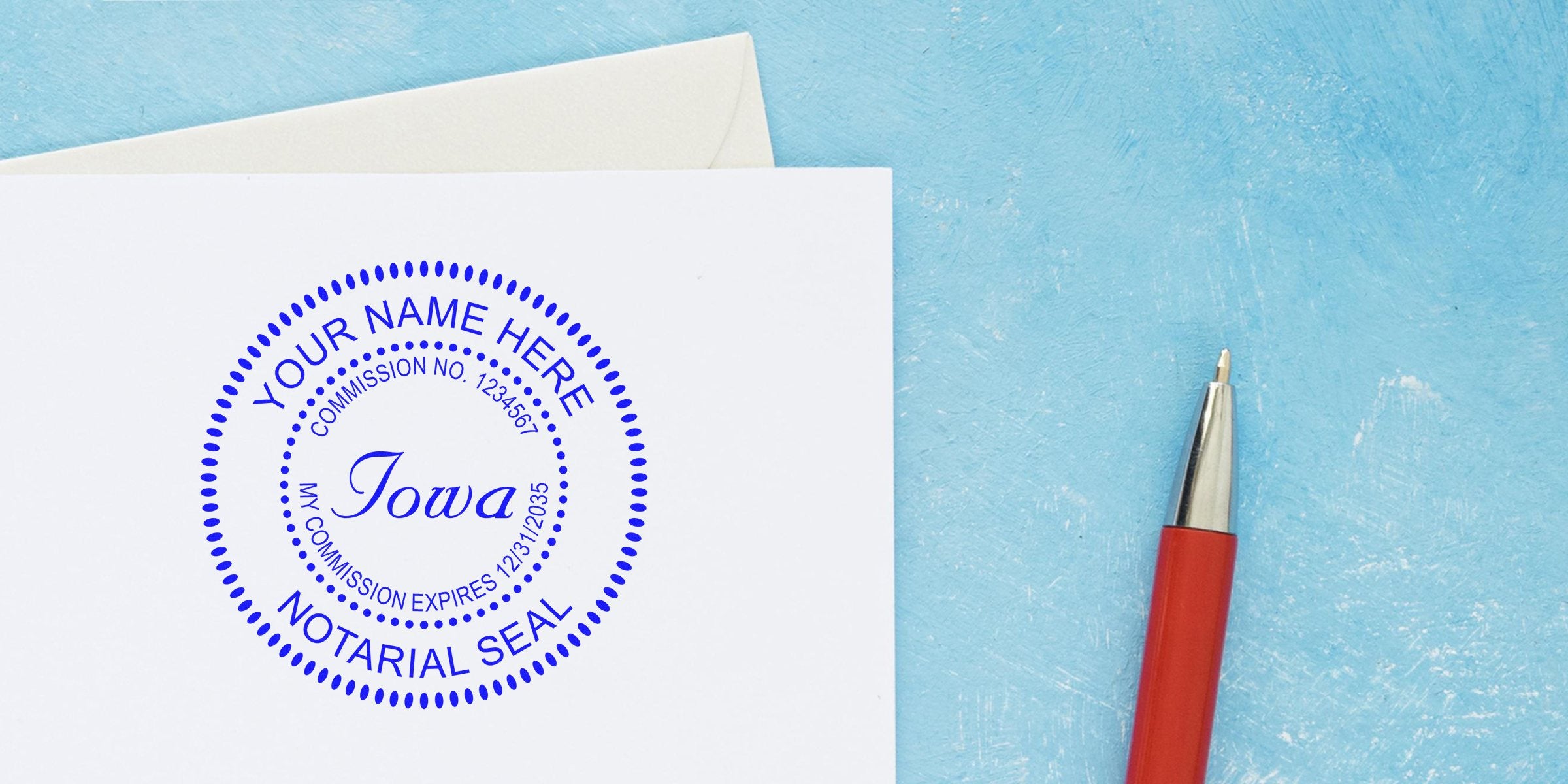 Iowa notary seal stamp on white paper with red pen, set against a blue background, displaying Iowa notary stamps and different notary stamp options.