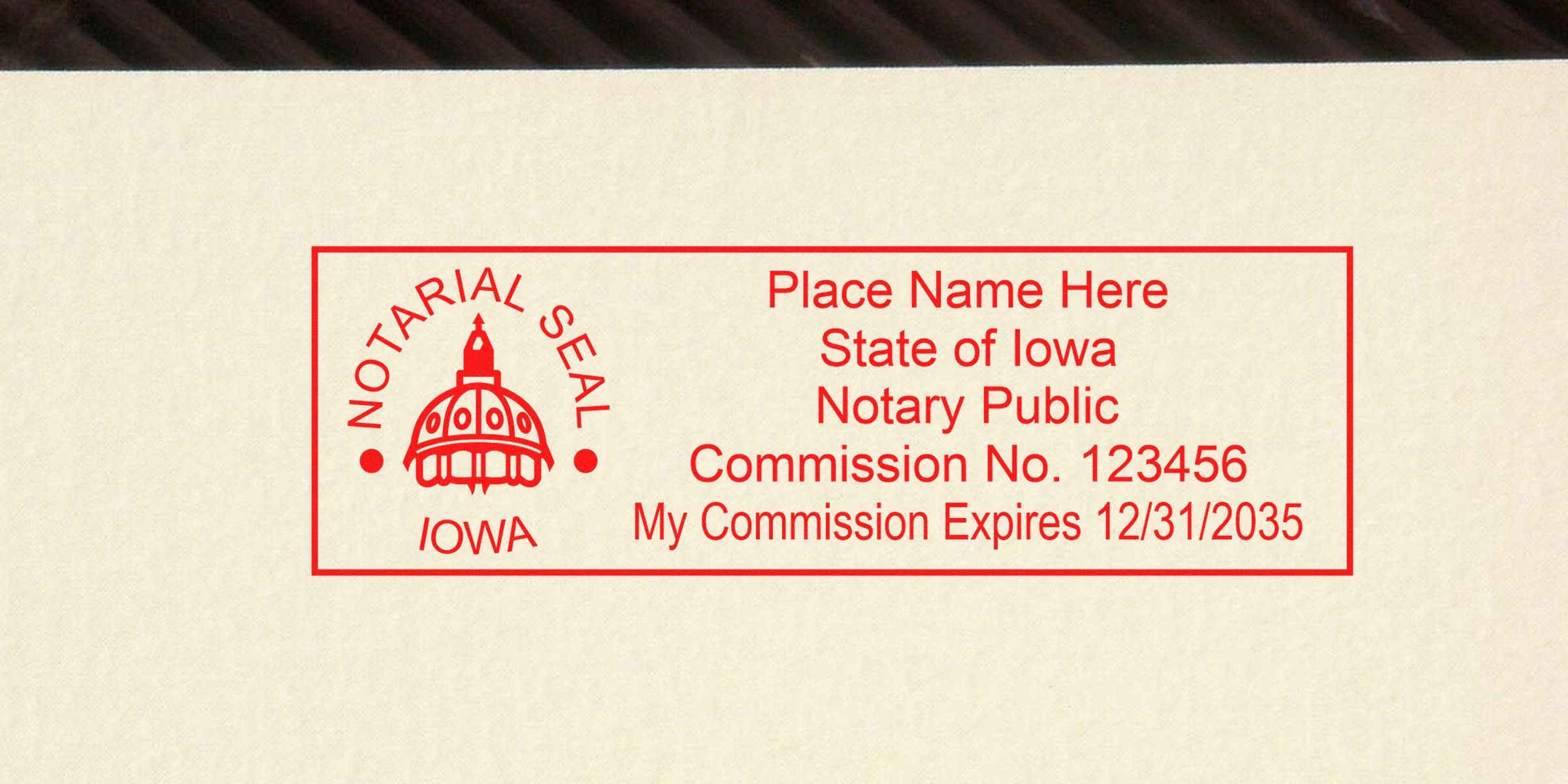 Iowa notary seal on official document shows commission number and expiration date, highlighting Iowa notary seal renewal requirements.