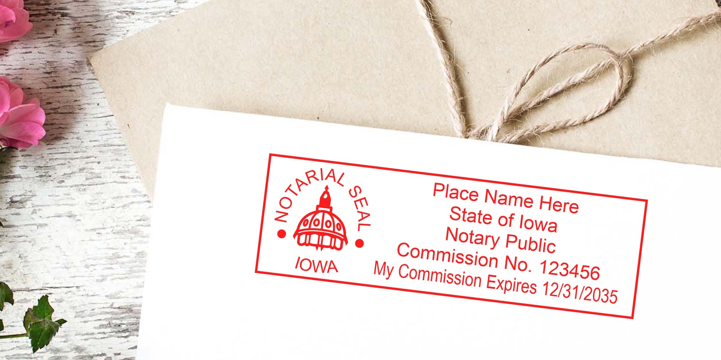 Envelope with Iowa notary public stamp showing notarial seal and commission details, compliant with Iowa notary stamp law and meeting all Iowa notary stamp requirements.