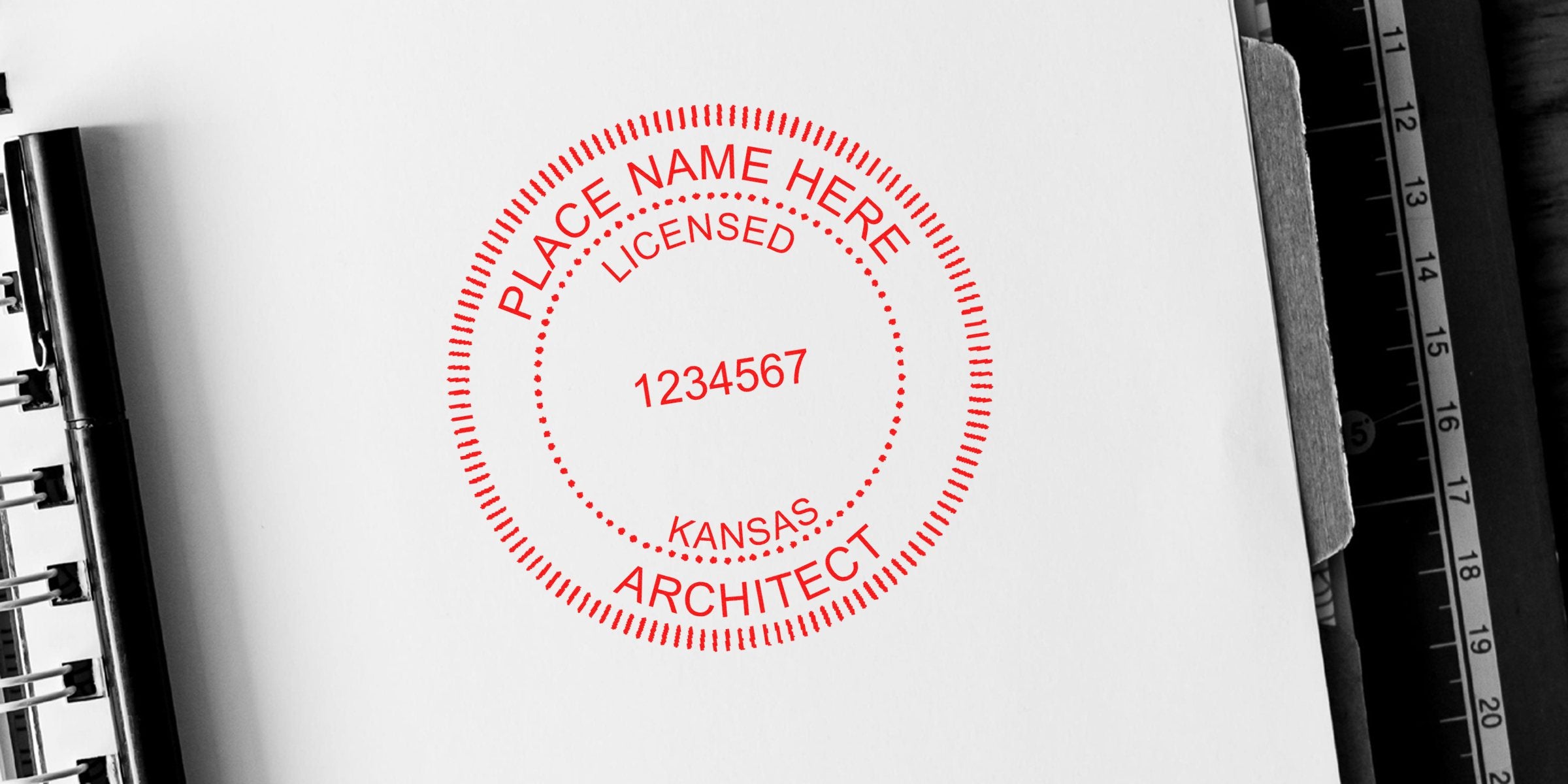 Kansas Architect Stamp on white paper with ruler and notebook, showing Licensed Architect Stamp and Architect Stamp Application info.