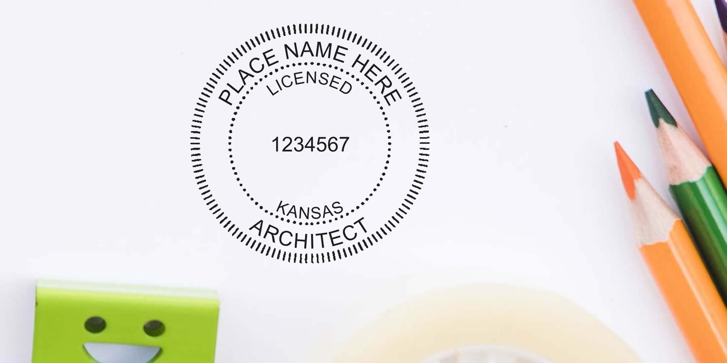 Kansas architect seal stamped next to colorful pencils and office supplies on white background, emphasizing licensed architect status and design tips.
