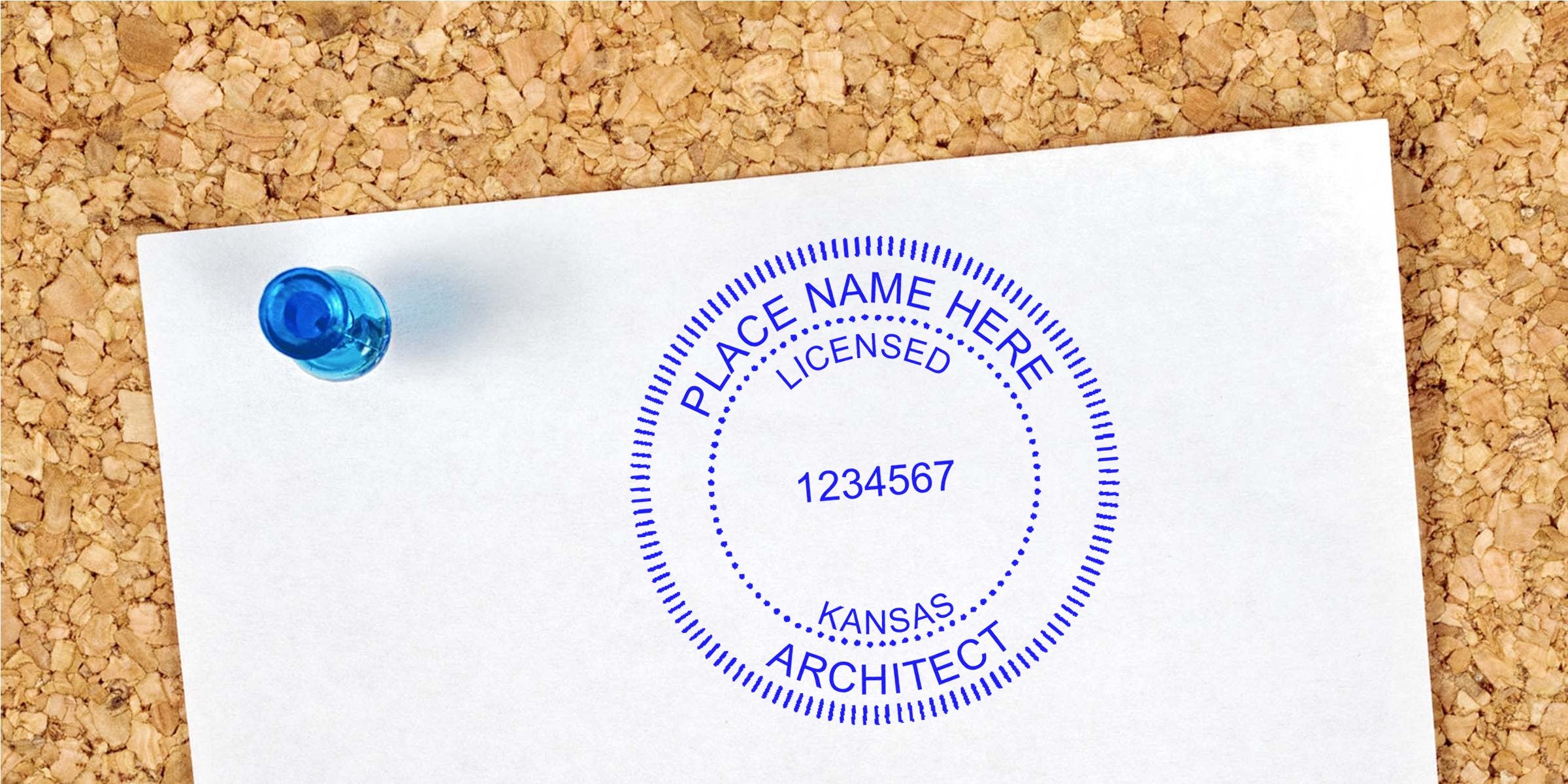 Kansas architect seal and digital architect seal on licensed architect stamp pinned to corkboard.