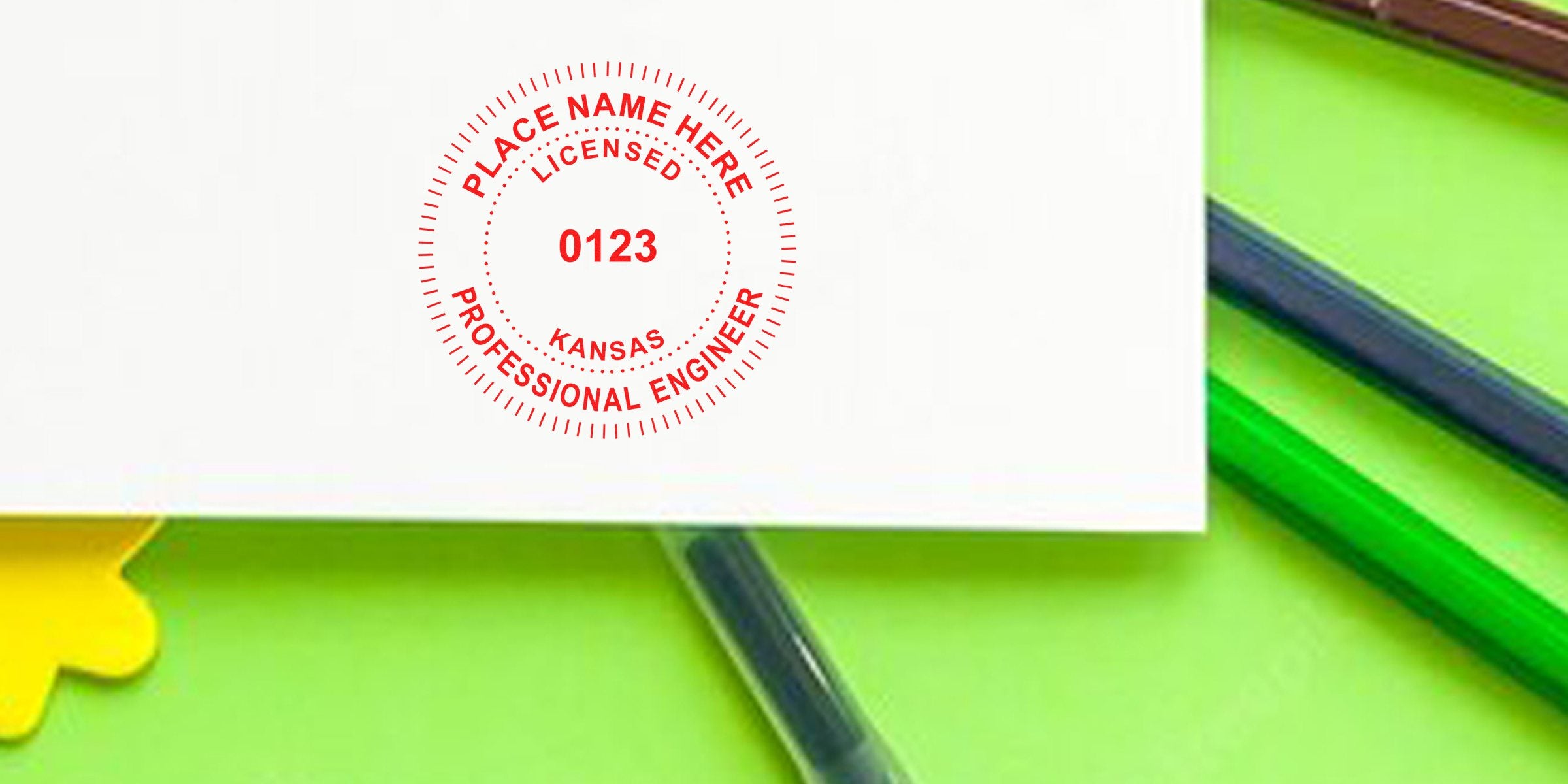 Engineer Stamp Kansas on white paper with green and yellow background, symbolizing certification from a leading engineer stamp company.