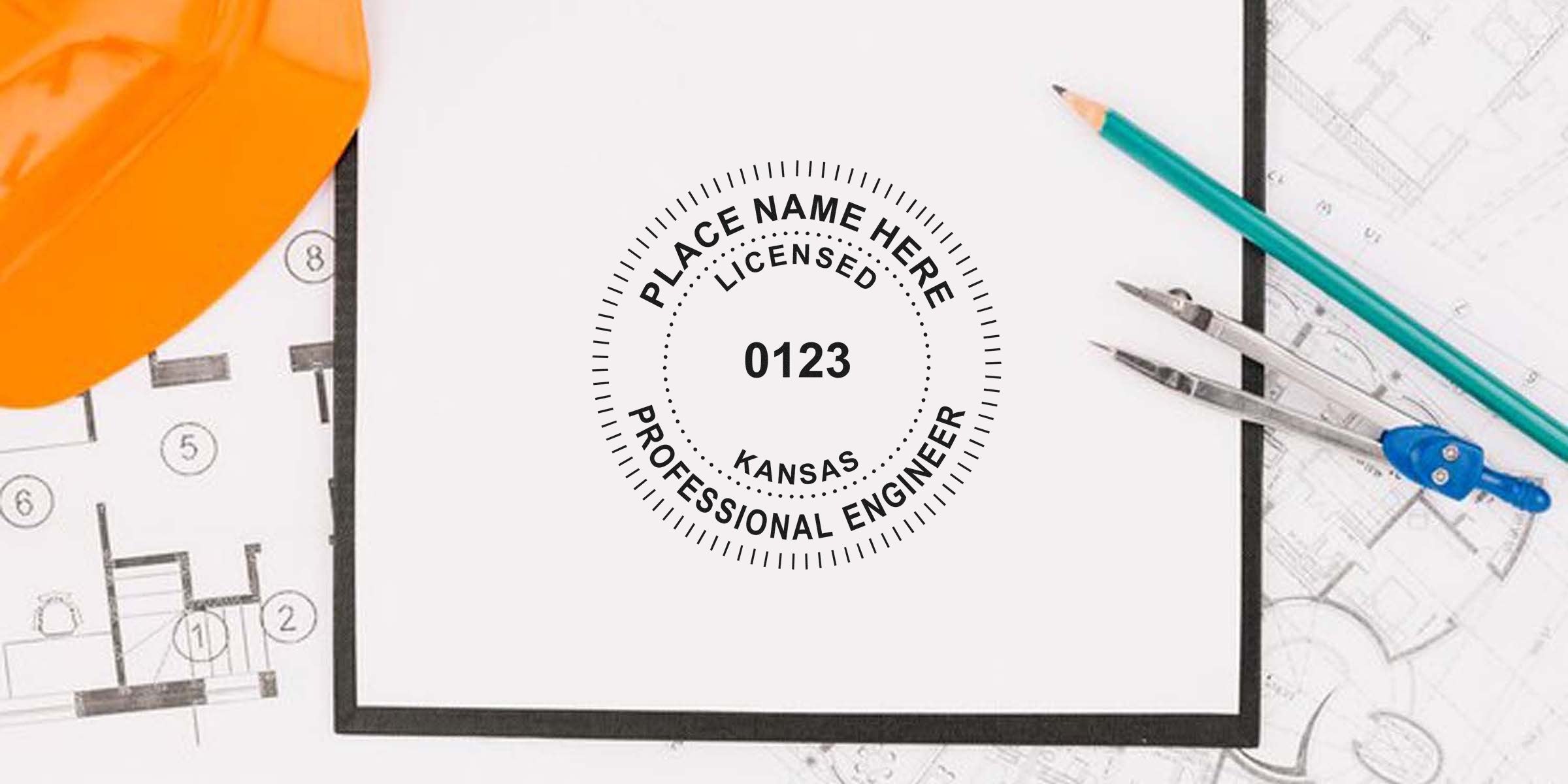 Professional engineer license stamp on blueprint with Kansas engineer seal embosser, orange safety helmet, and engineer seal tool.