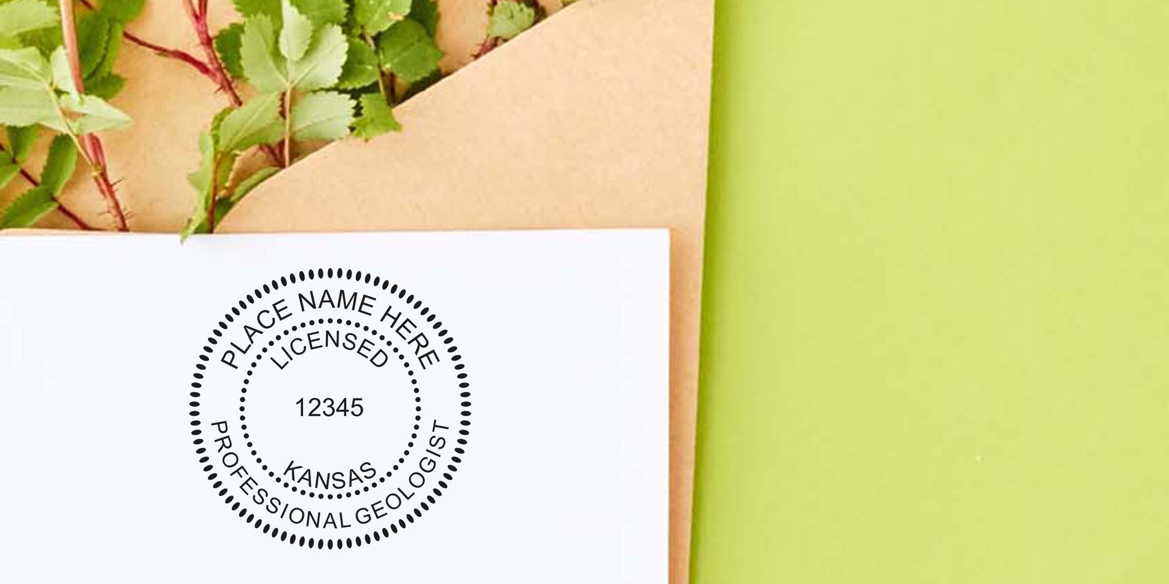 Kansas Geologist Stamp on white paper with green leaves and brown envelope background, adhering to Geologist Stamp Guidelines.