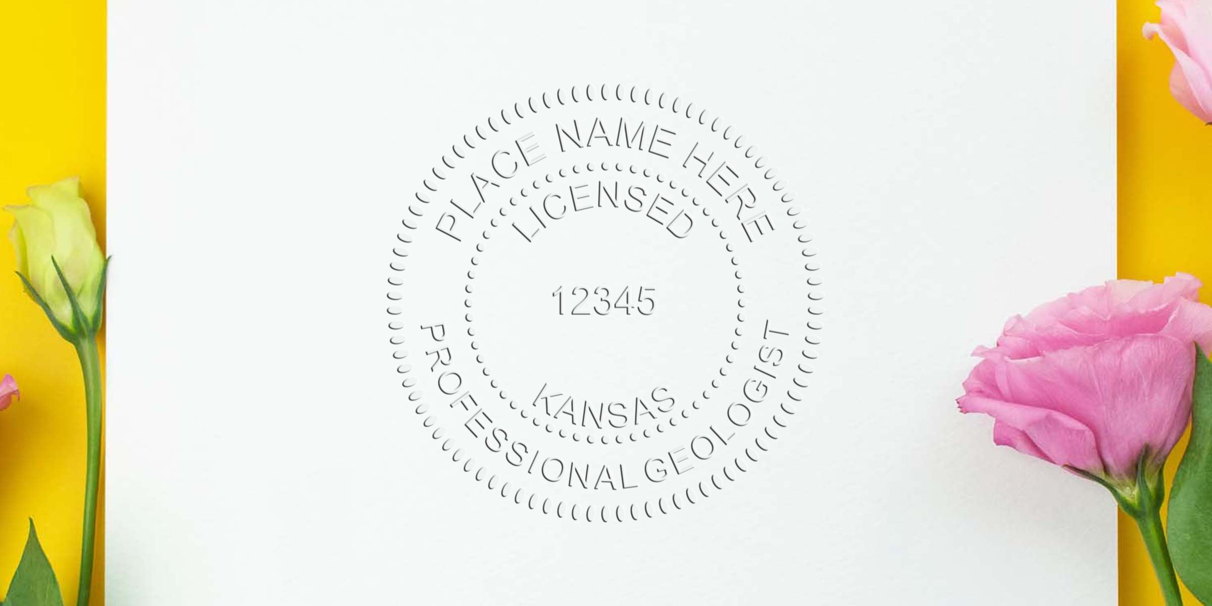Kansas geologist stamp on white paper with flowers on yellow background, showing Kansas professional geologist license seal and meeting stamp requirements.