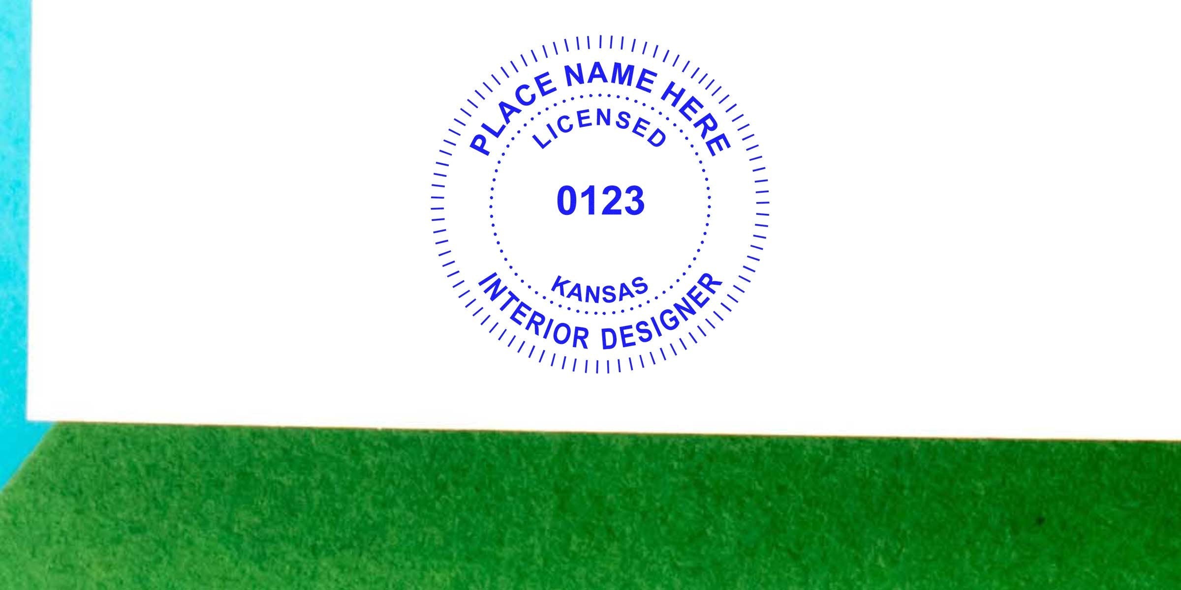 Licensed Kansas interior designer with green and blue stamp, also providing notary services in Kansas.