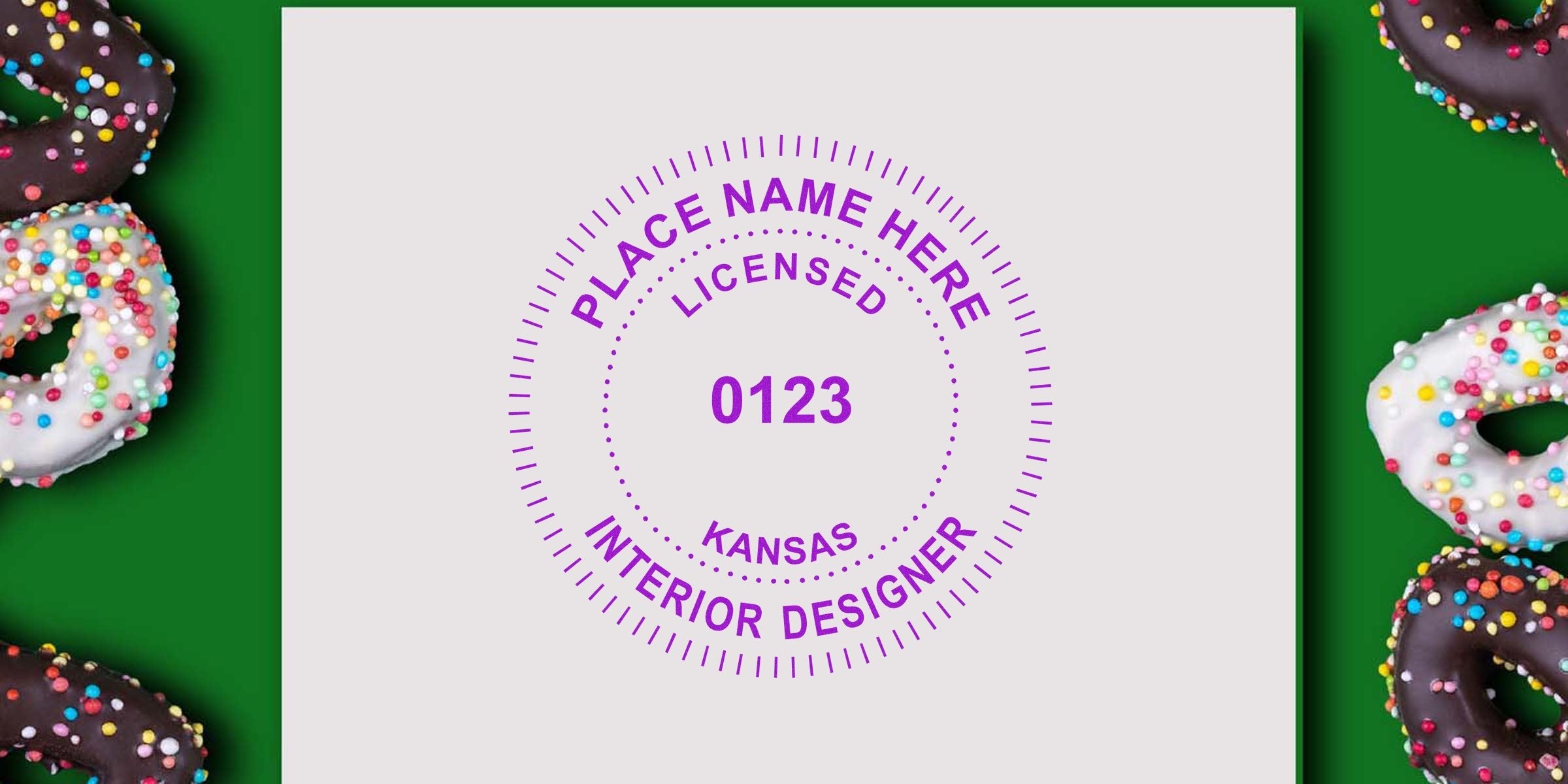 Kansas Seal Template with Licensed Interior Designer Seal, colorful sprinkled donuts on green background, highlighting design potential.