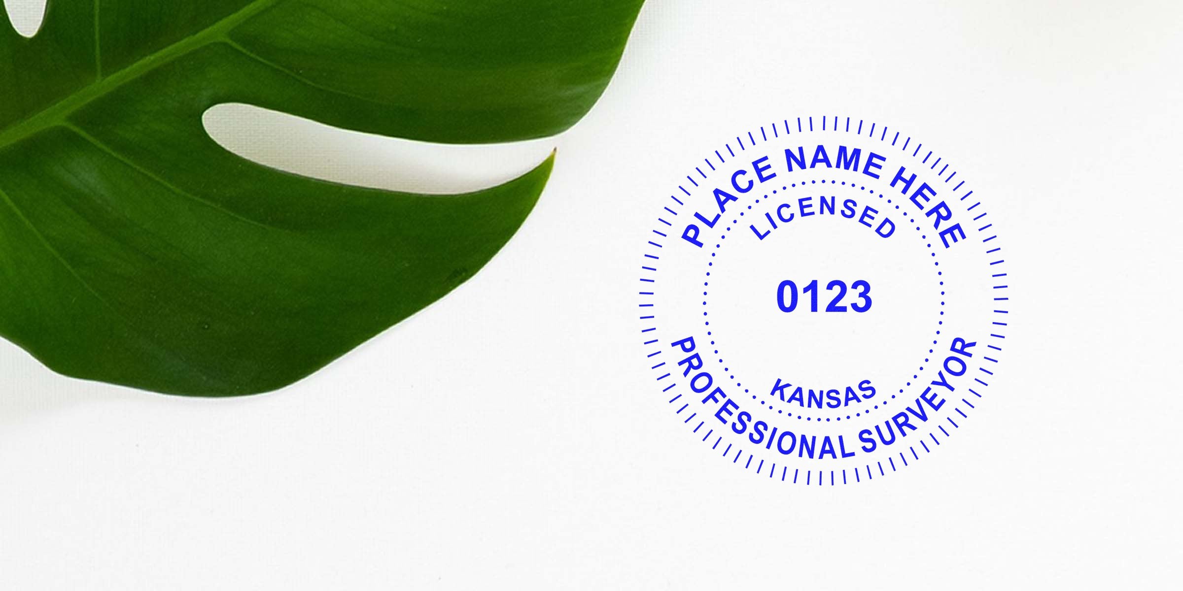 Kansas professional land surveyor seal with licensed stamp and green leaf on white, meeting Kansas land surveyor guidelines and seal requirements.