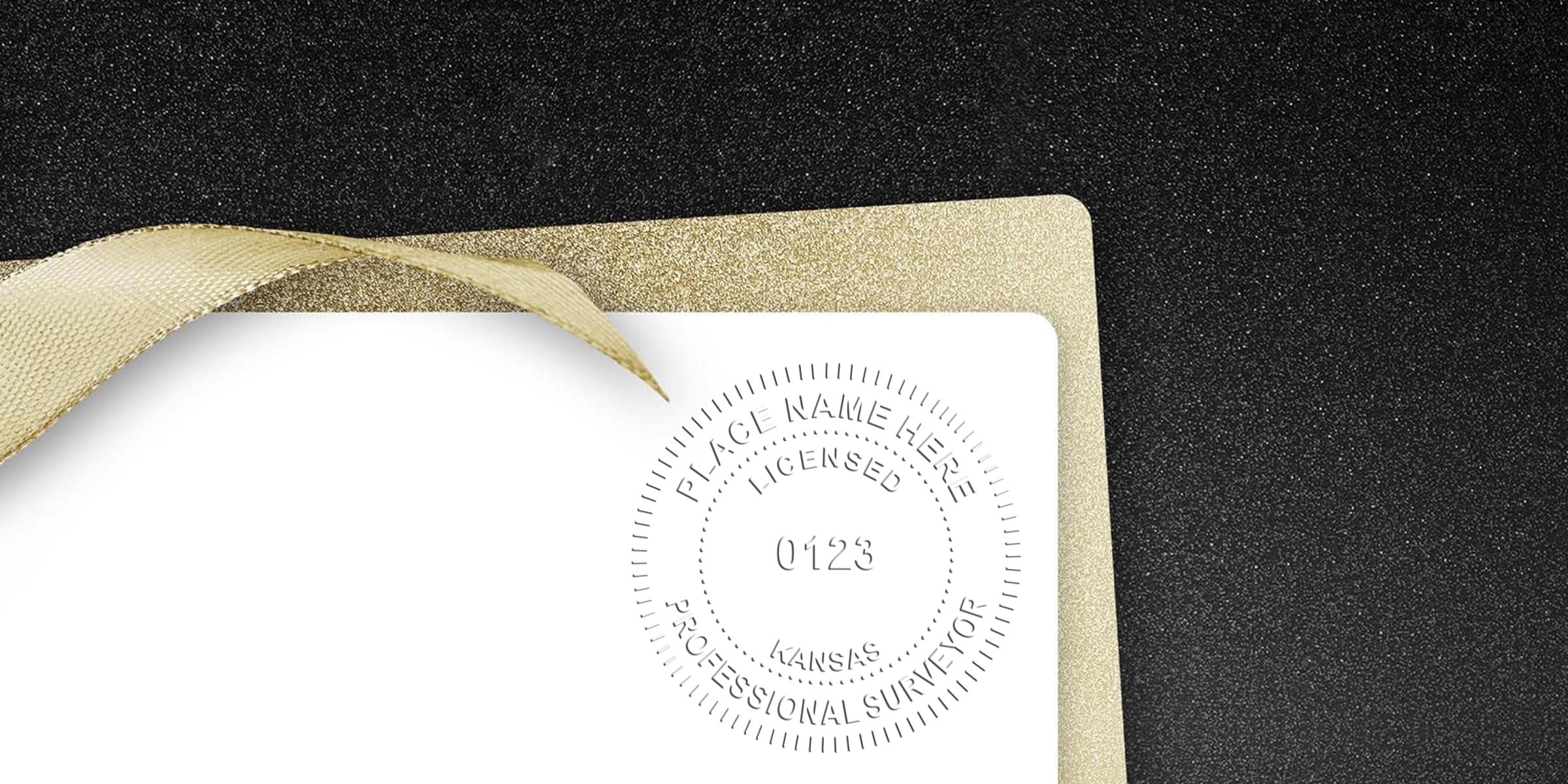 Licensed surveyor embossing seal on white paper with gold ribbon, set against black textured background, illustrating Kansas land surveyor rules and seal requirements.