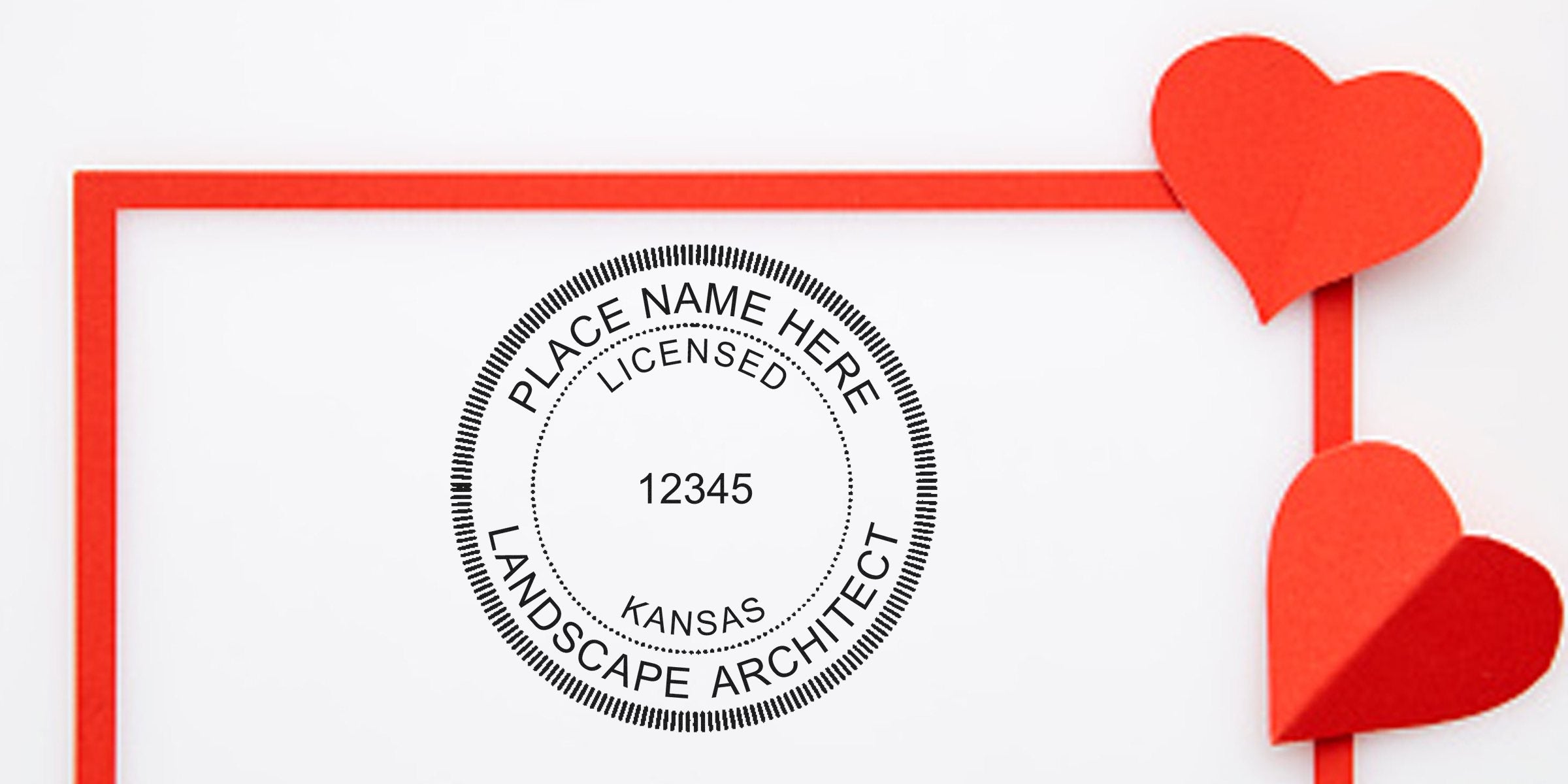 Kansas licensed landscape architect seal with red heart accents on white background, perfect for stamps and seal supplies.