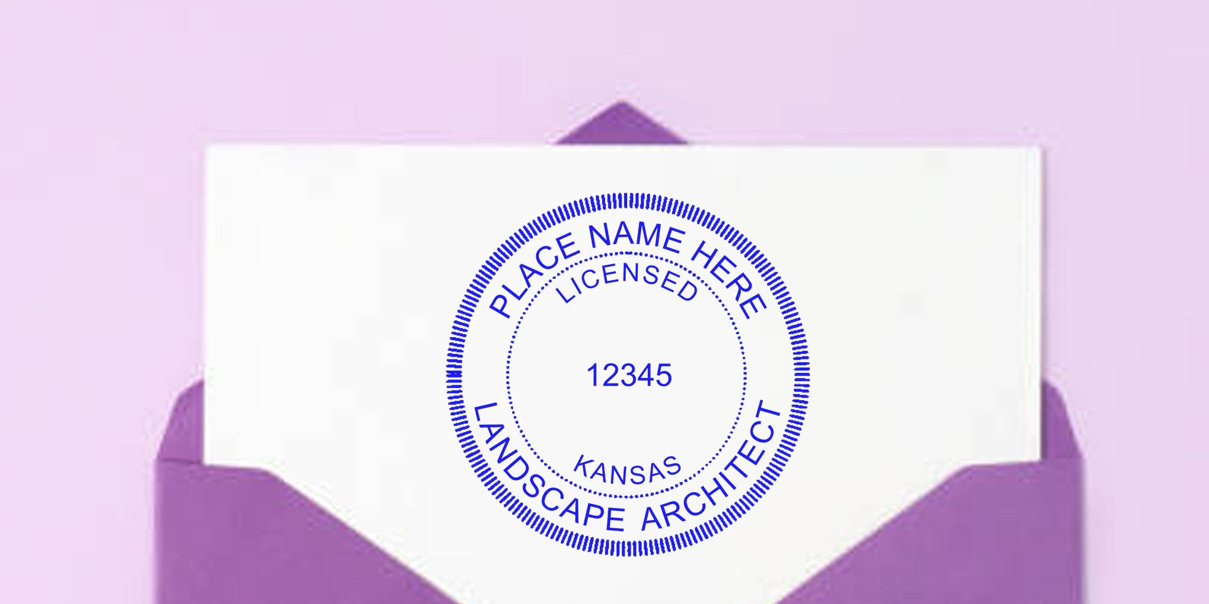 Kansas landscape architect seal on white card inside purple envelope, showing licensed landscape architect stamp and seal online.