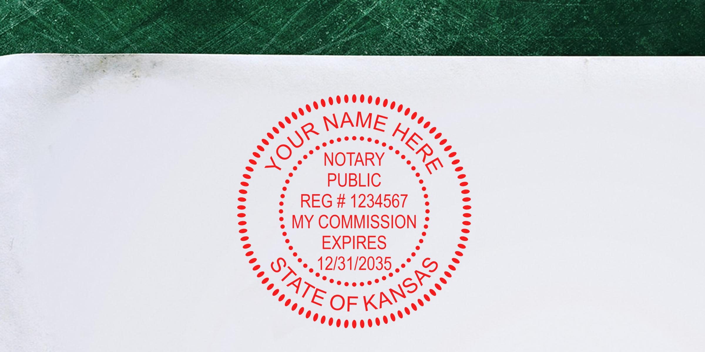 Notary Stamp Kansas on white paper with commission expiration date, showing how to choose a Notary Stamp for Kansas notary public.