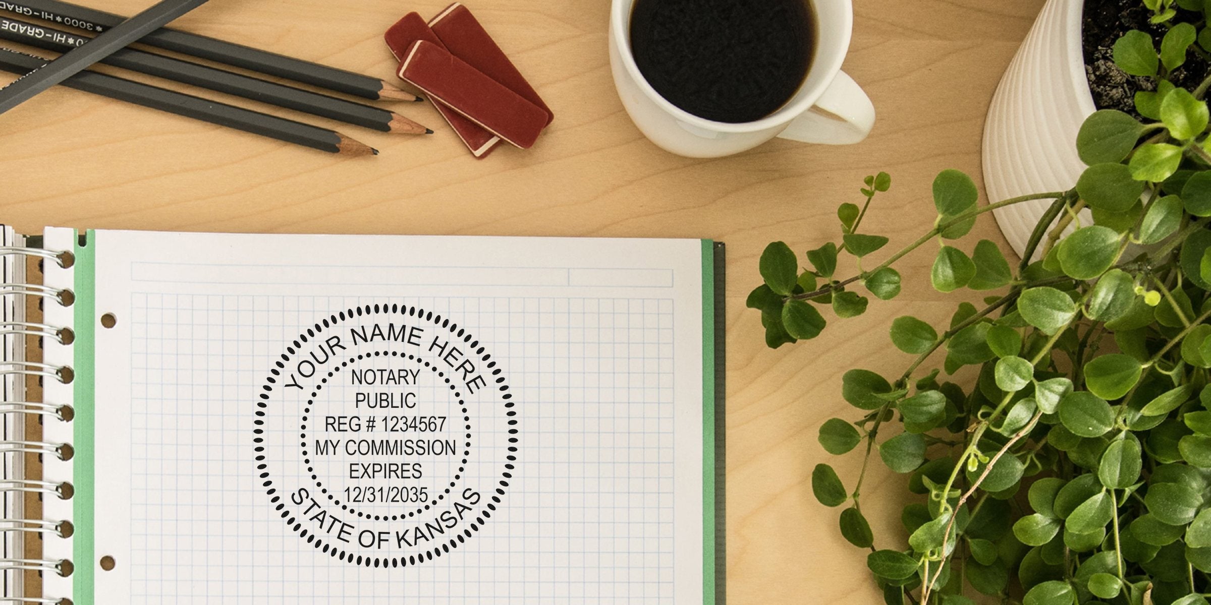 Notary seal Kansas on notebook with registration number and commission expiry, on desk with coffee, pencils, and plant, showcasing the top guide for Kansas notary services.