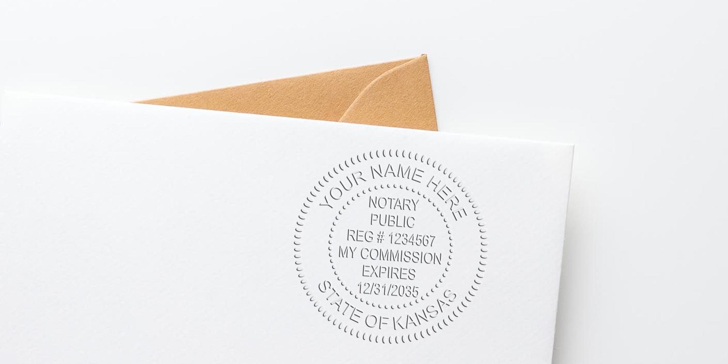 Kansas notary seal embossed on white paper envelope to verify notary seal requirements in Kansas.