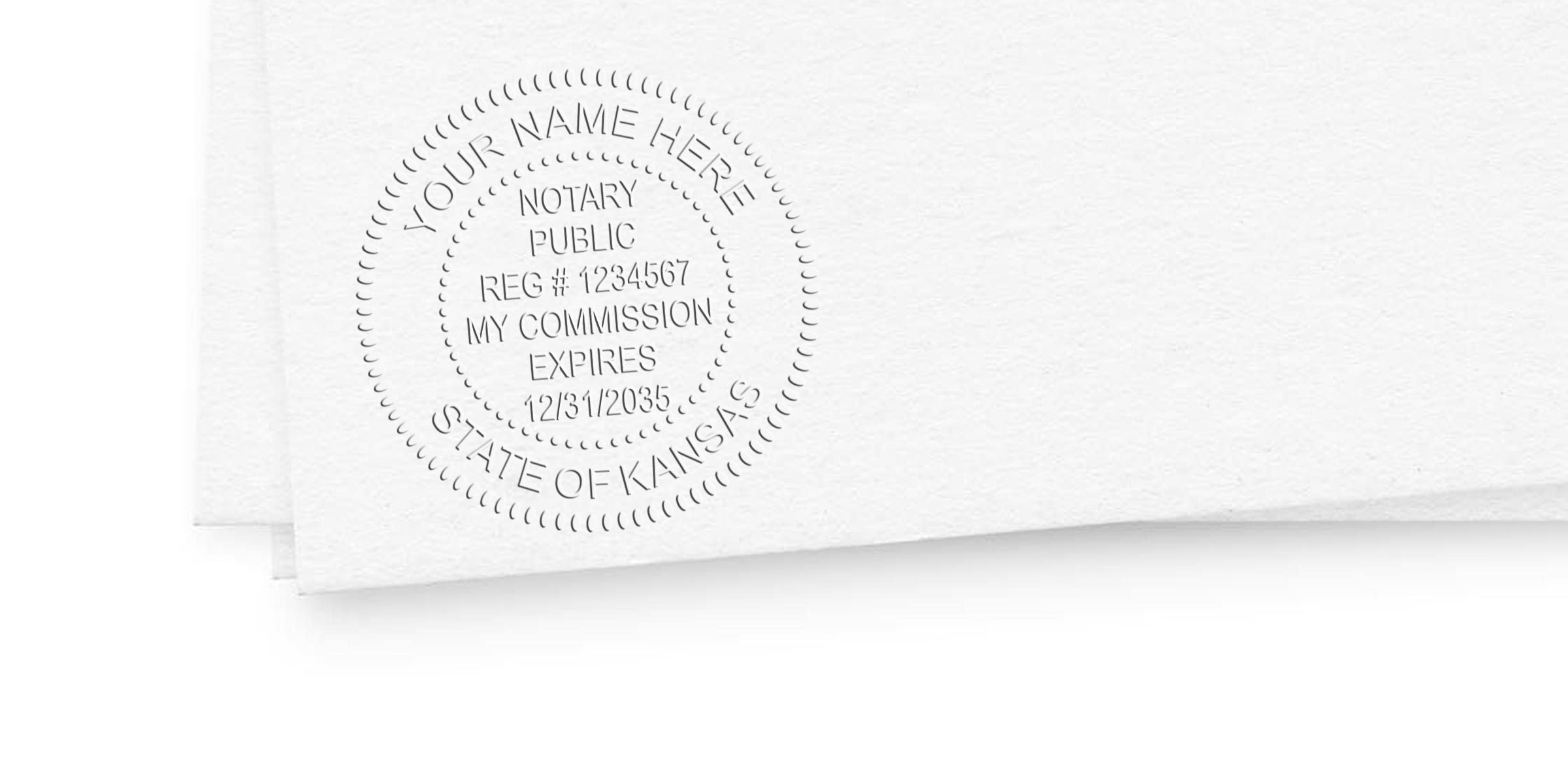 Kansas notary stamp with embossed seal on white paper for state commission verification, representing the top notary stamp in Kansas.
