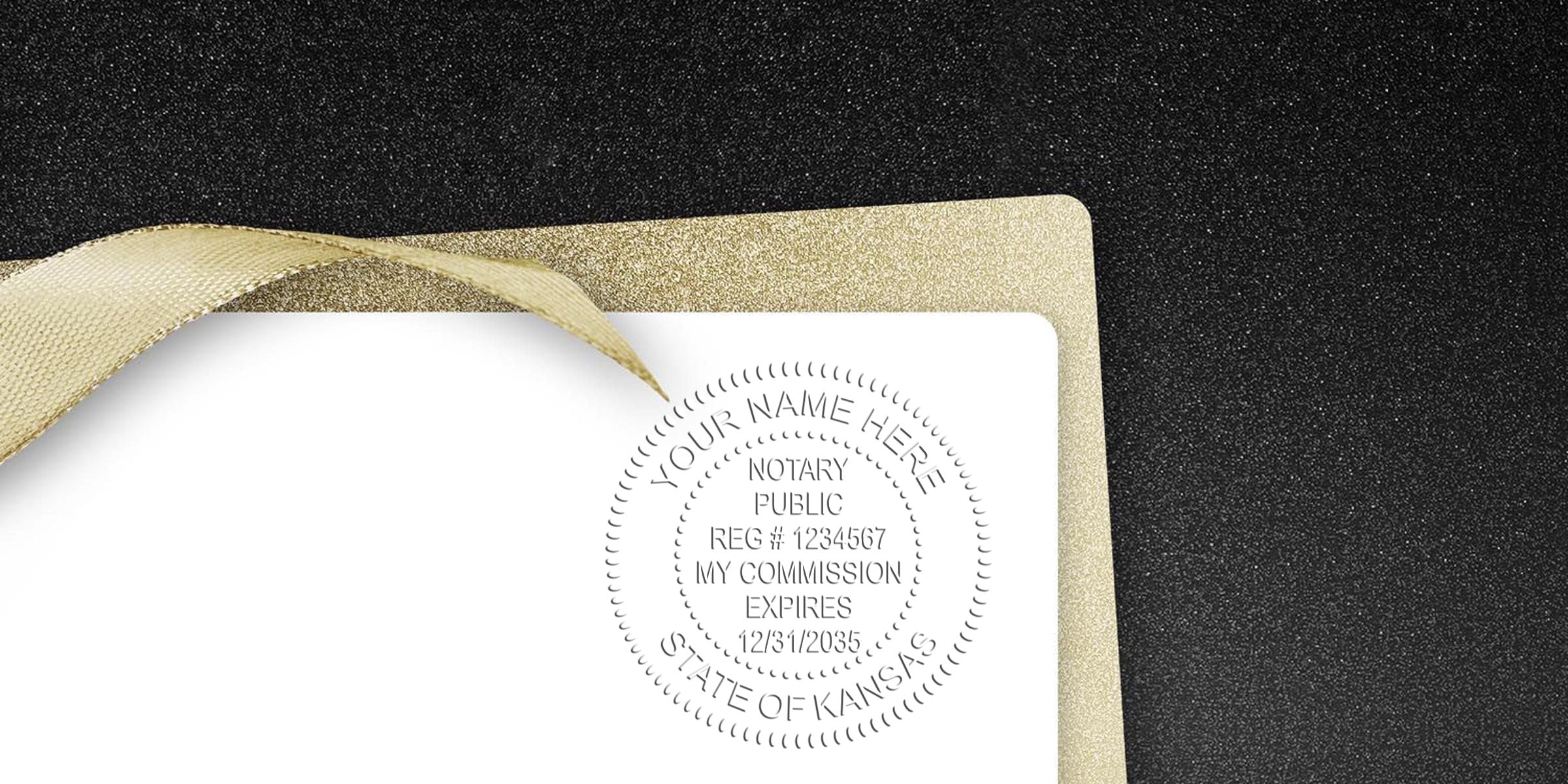 Kansas notary supplies with quality embossed seal on white paper, gold ribbon, black glitter background, and Kansas notary commission stamp.
