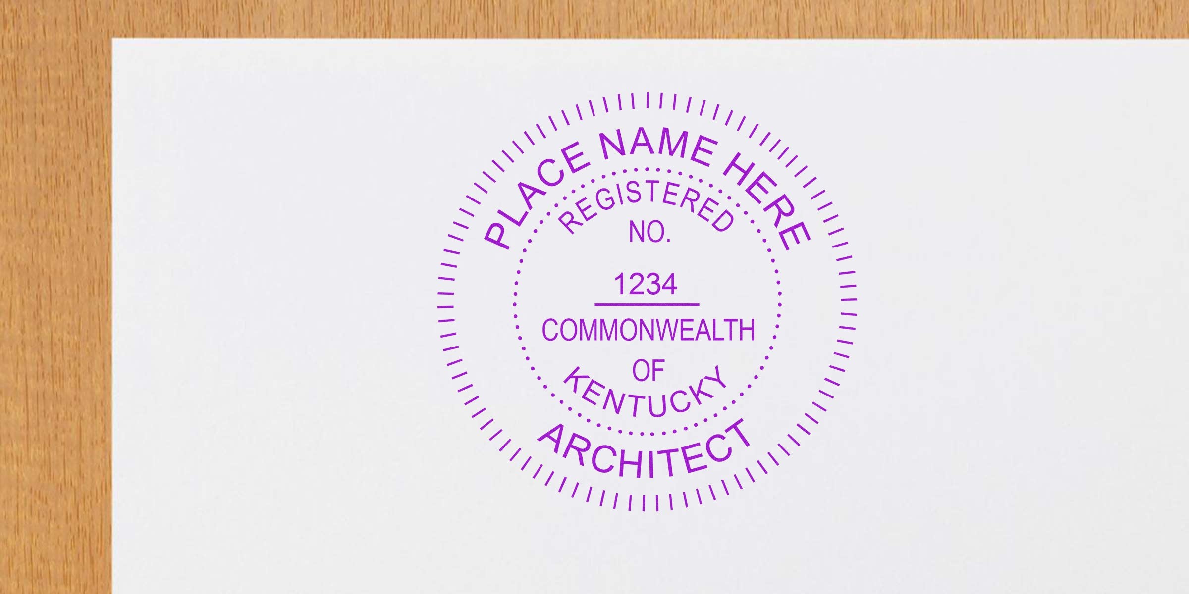 Custom purple Kentucky architect seal on white paper, meeting all requirements for registered architect license verification, with standard Kentucky architect seal size.