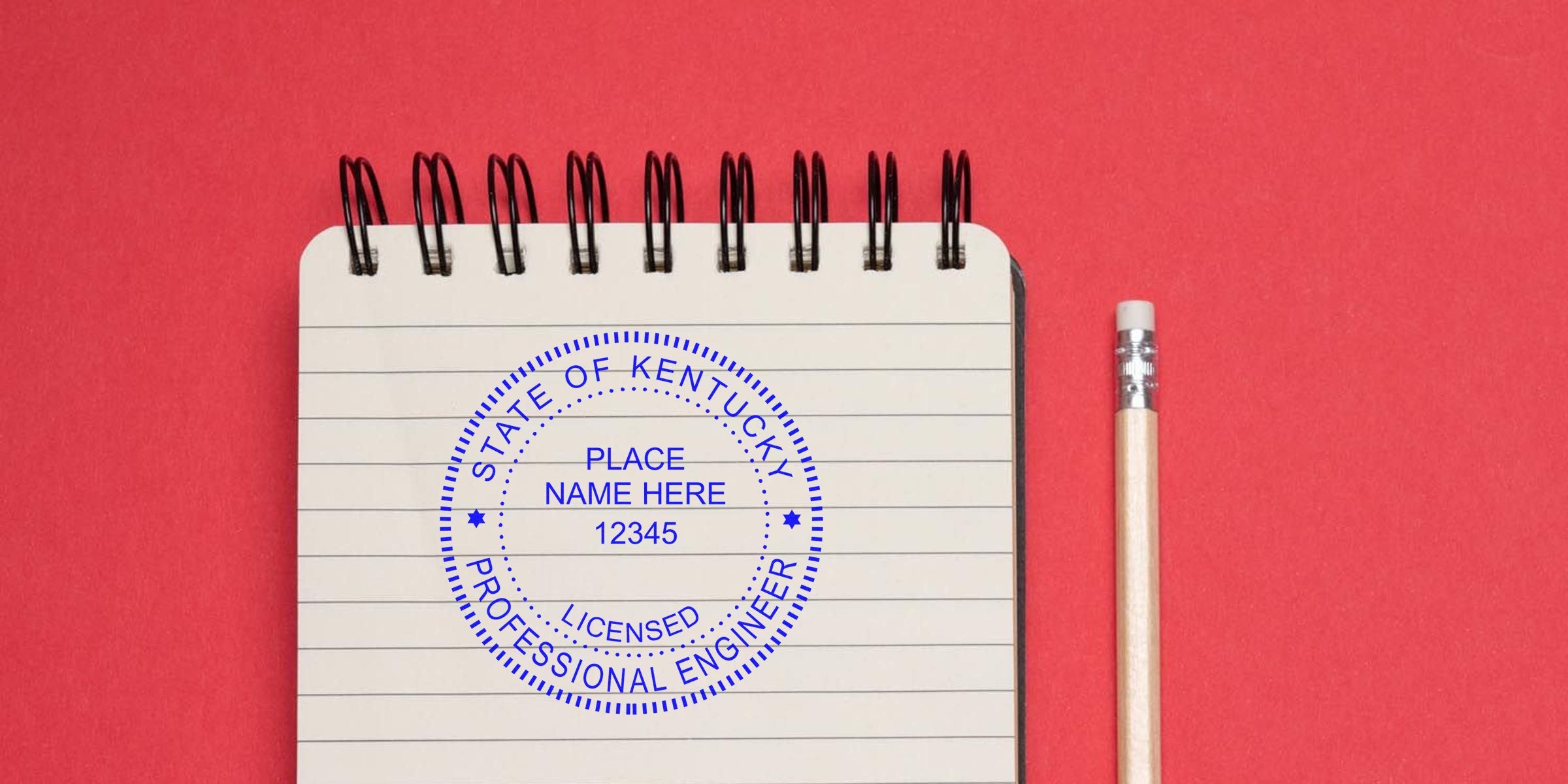Kentucky engineer seal embosser on notebook with pencil, red background, showcasing the top Kentucky licensed professional engineer stamp.