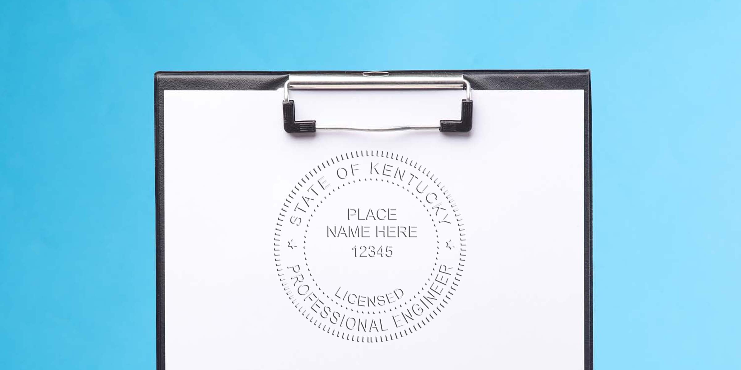 Kentucky licensed professional engineer seal on clipboard with blue background, emphasizing Kentucky PE stamp laws and engineer compliance.