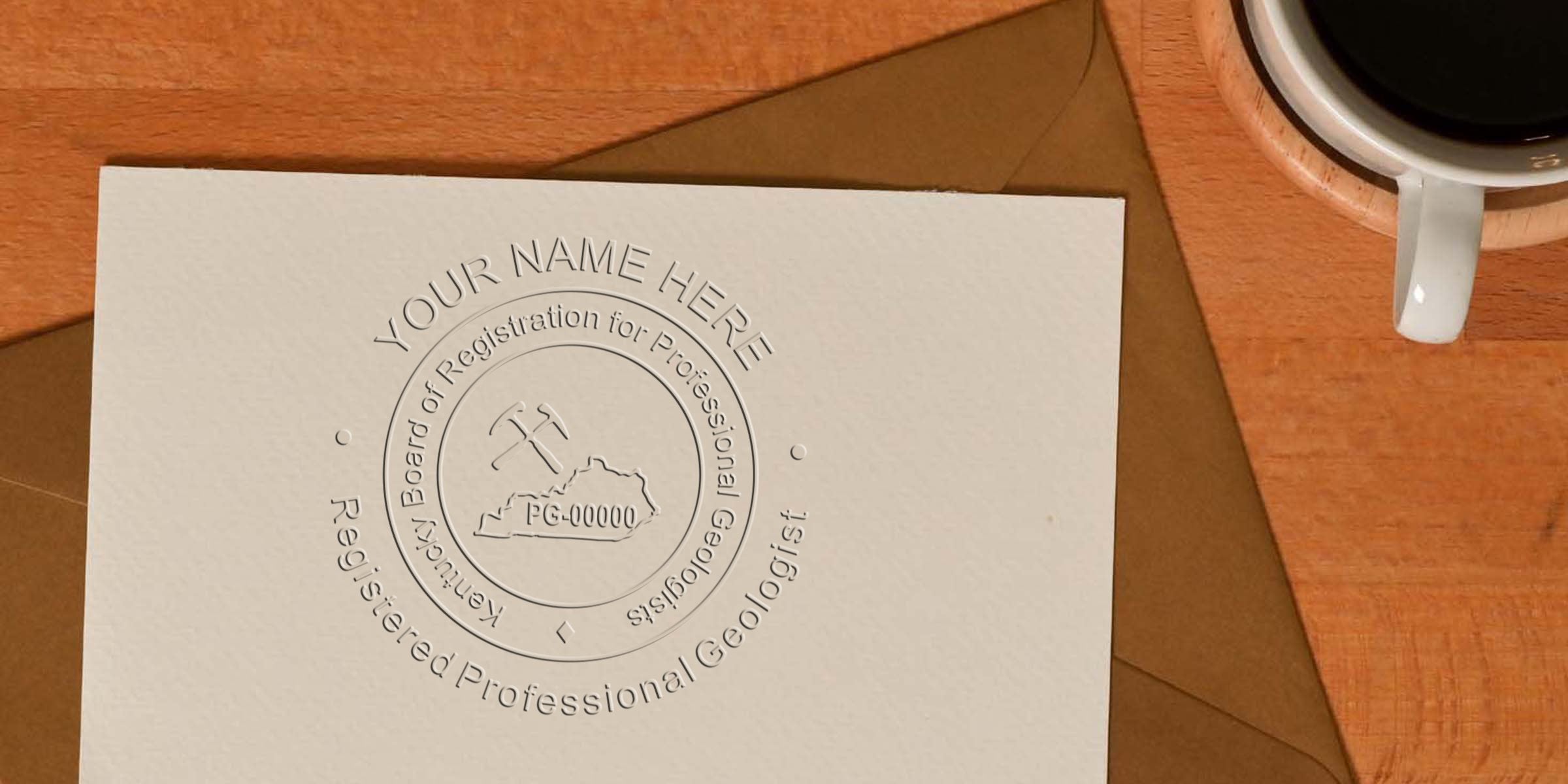 Embossed Kentucky Board of Registration for Professional Geologists seal on paper with coffee cup on wooden desk, highlighting Kentucky geologist stamps and their stamp requirements.