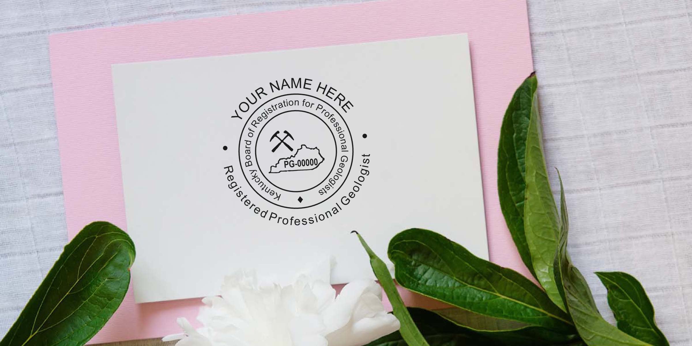 Kentucky Registered Professional Geologist stamp on white paper with green leaves and pink background, meeting Geologist Stamp Regulations.